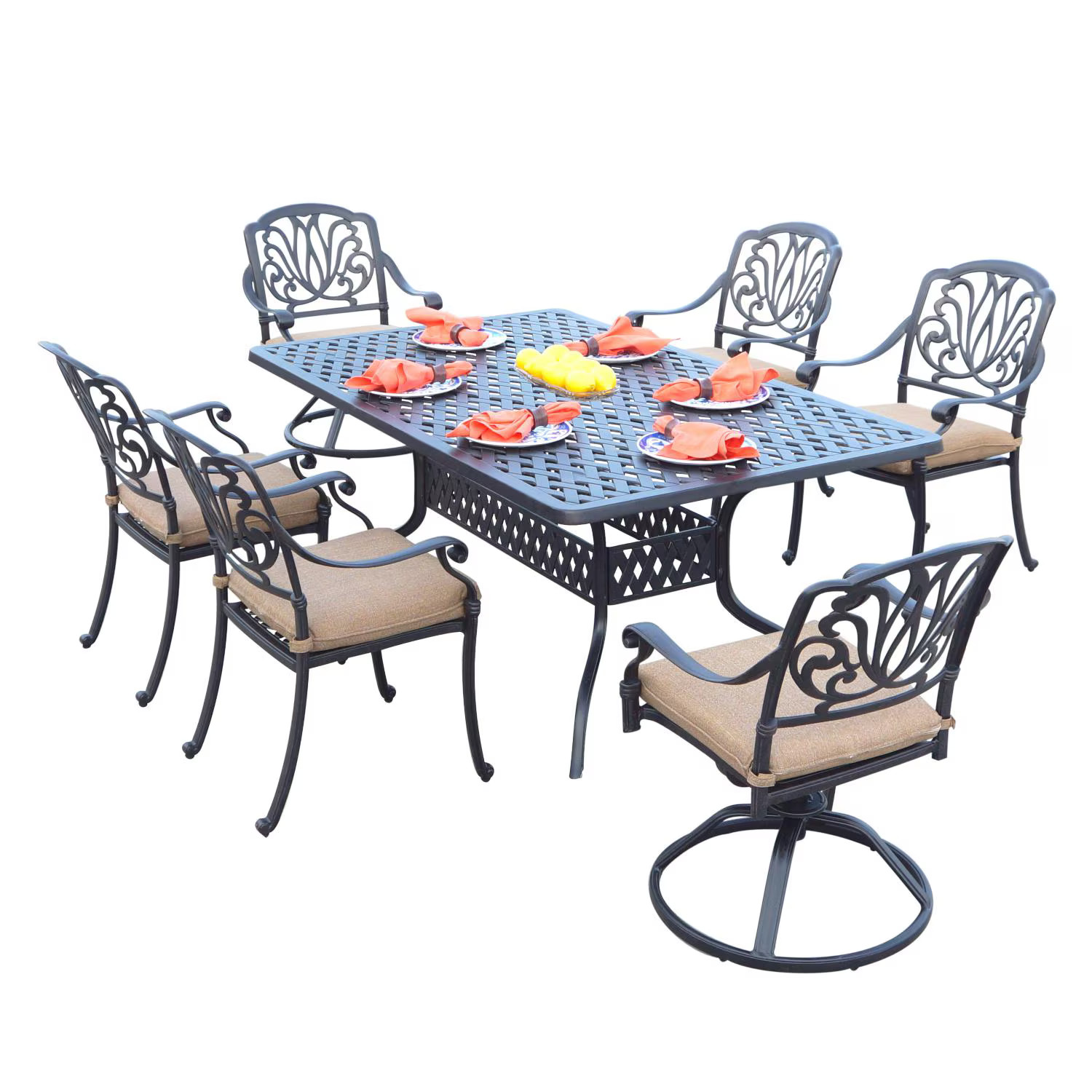 Elisabeth 7 Pc Cast Aluminum Dining Set 72 X 42 Inch Series 30 Table & 2 Swivel