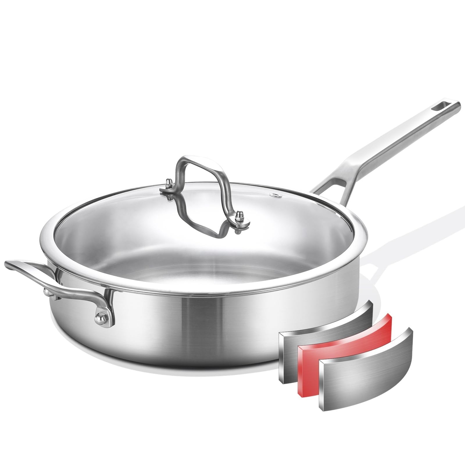 Stainless Steel Saute Pan, Tri-Ply Saute Pan 5QT, 12 Inch Deep Frying Pan wit…