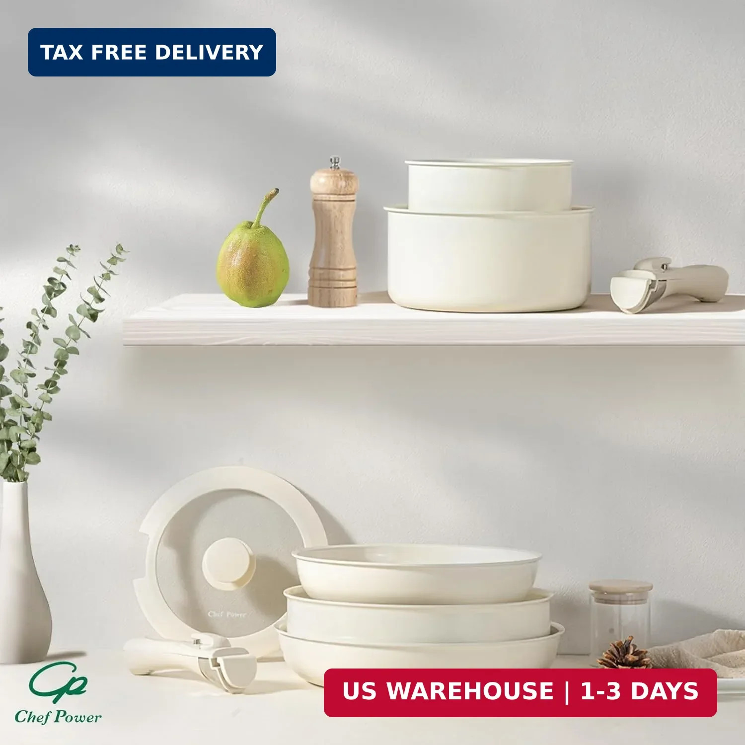 Chef Power Ceramic Cookware Set Non Toxic with Detachable Handles, Healthy Nonst