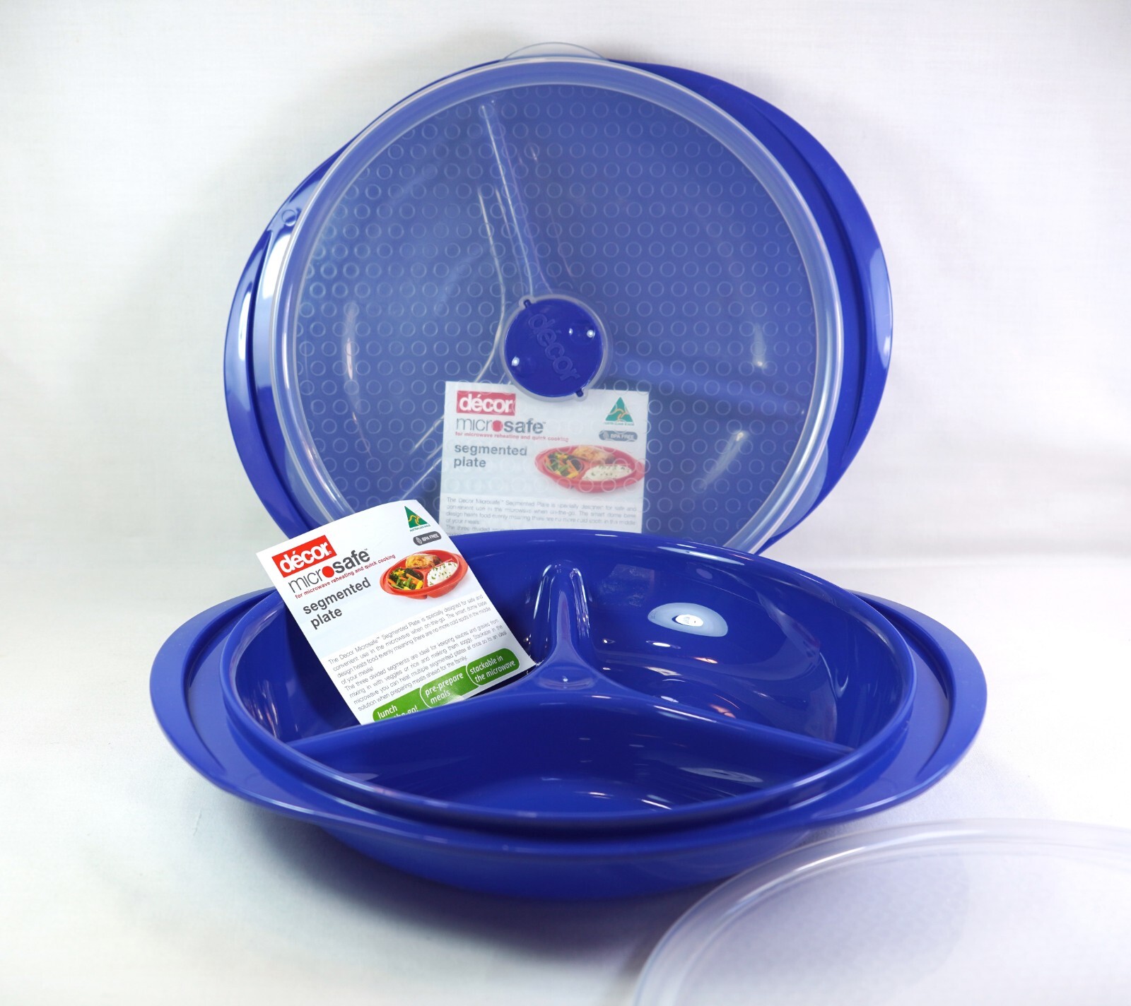 New unused Set of 2 DECOR MICROSAFE SEGMENTED PLATES BLUE