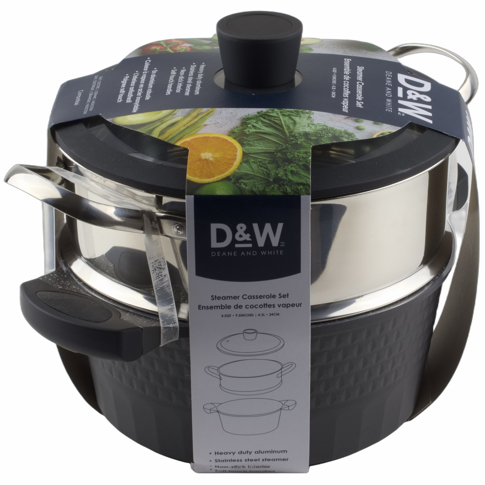 D&W Deane & White 9.5″ Steamer Casserole Set Pan Pot Lid 4.5 QT Black