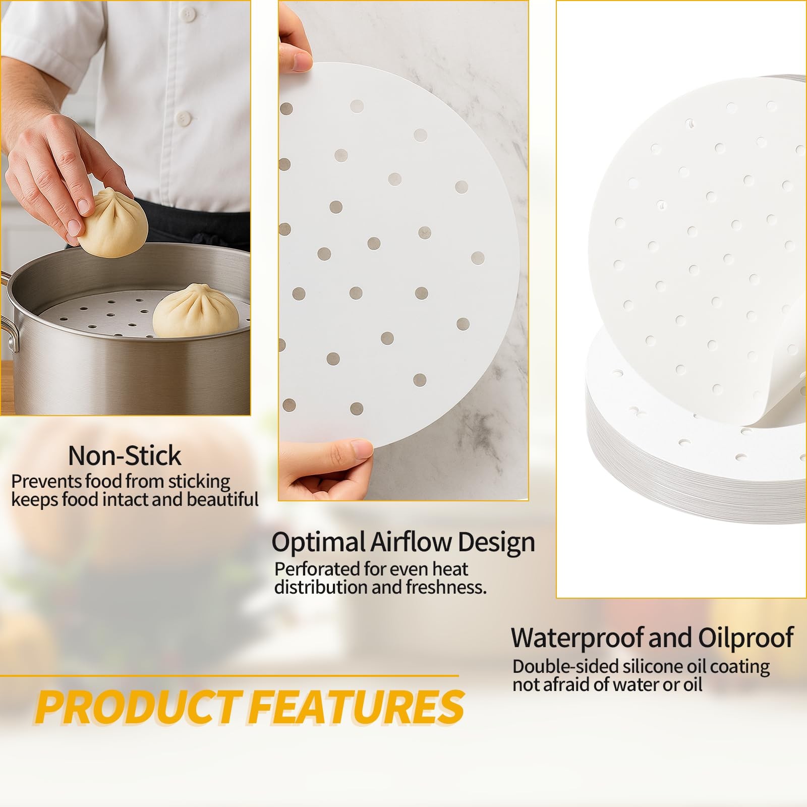 200 PCS Non-Stick Bamboo Steamer Paper, 10″ Round Liners with Holes for Steamer