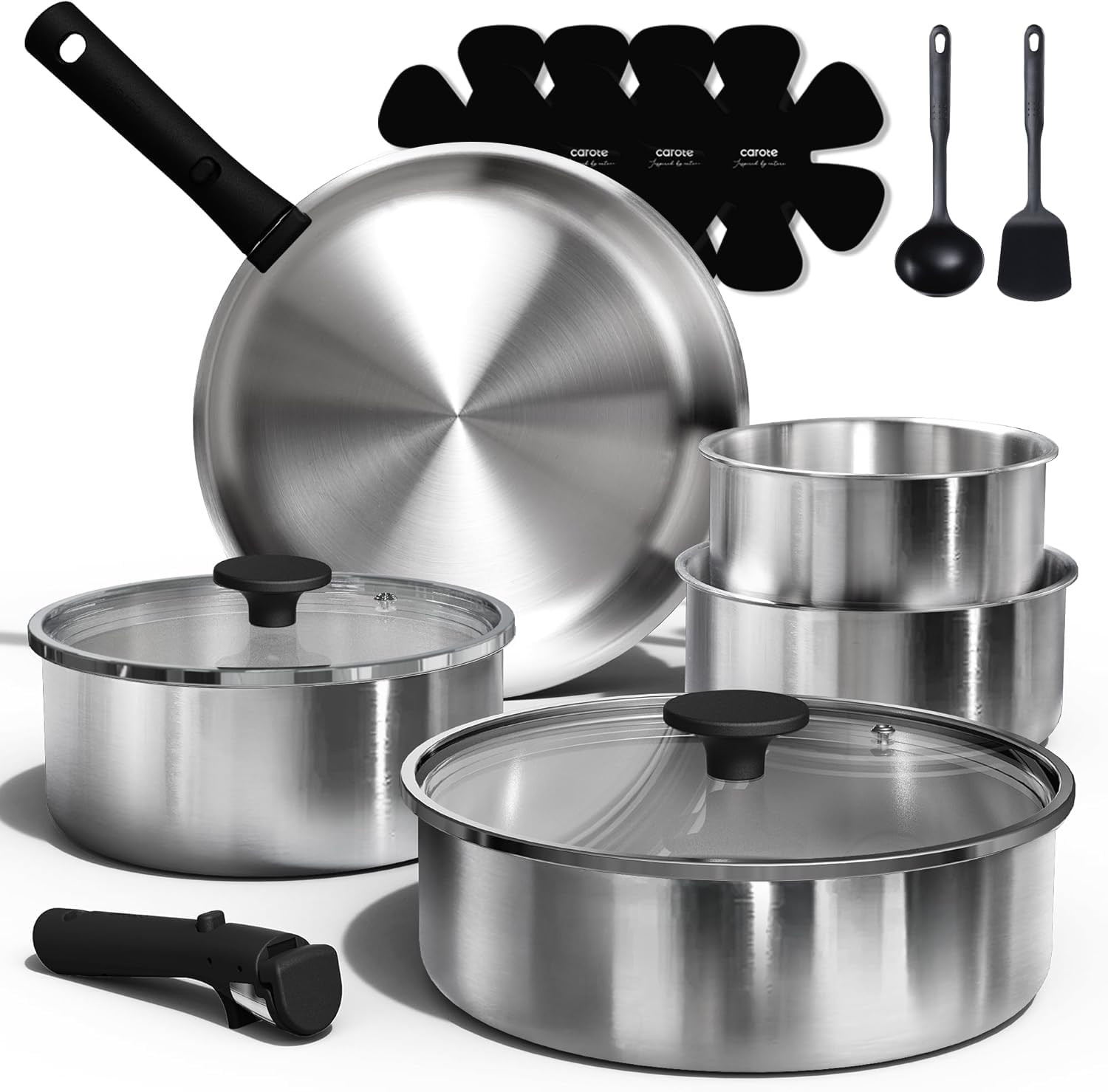 Pots and Pans Set, Stainless Steel Cookware Set Detachable Handle, 15Pcs Inducti