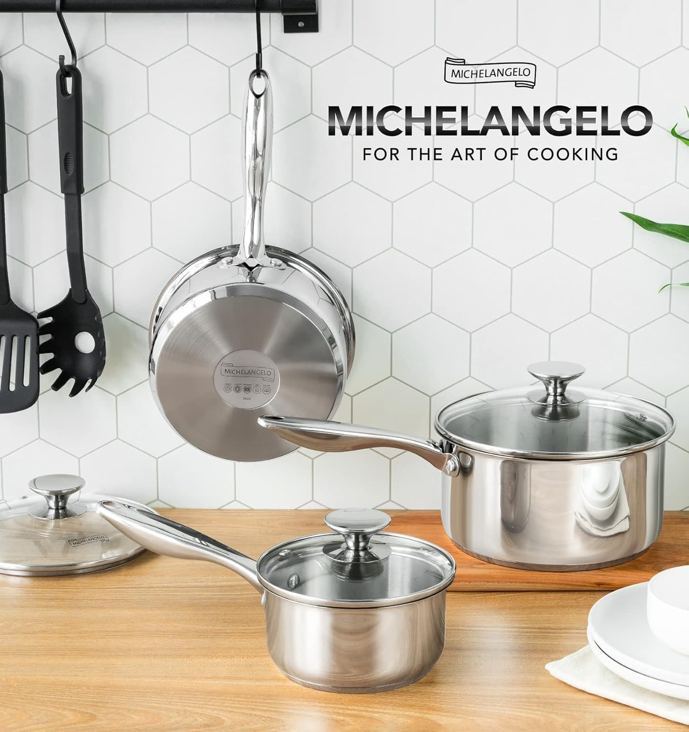Best MICHELANGELO Triply Stainless Steel Saucepan Set with Lids 6pcs, Pot Set