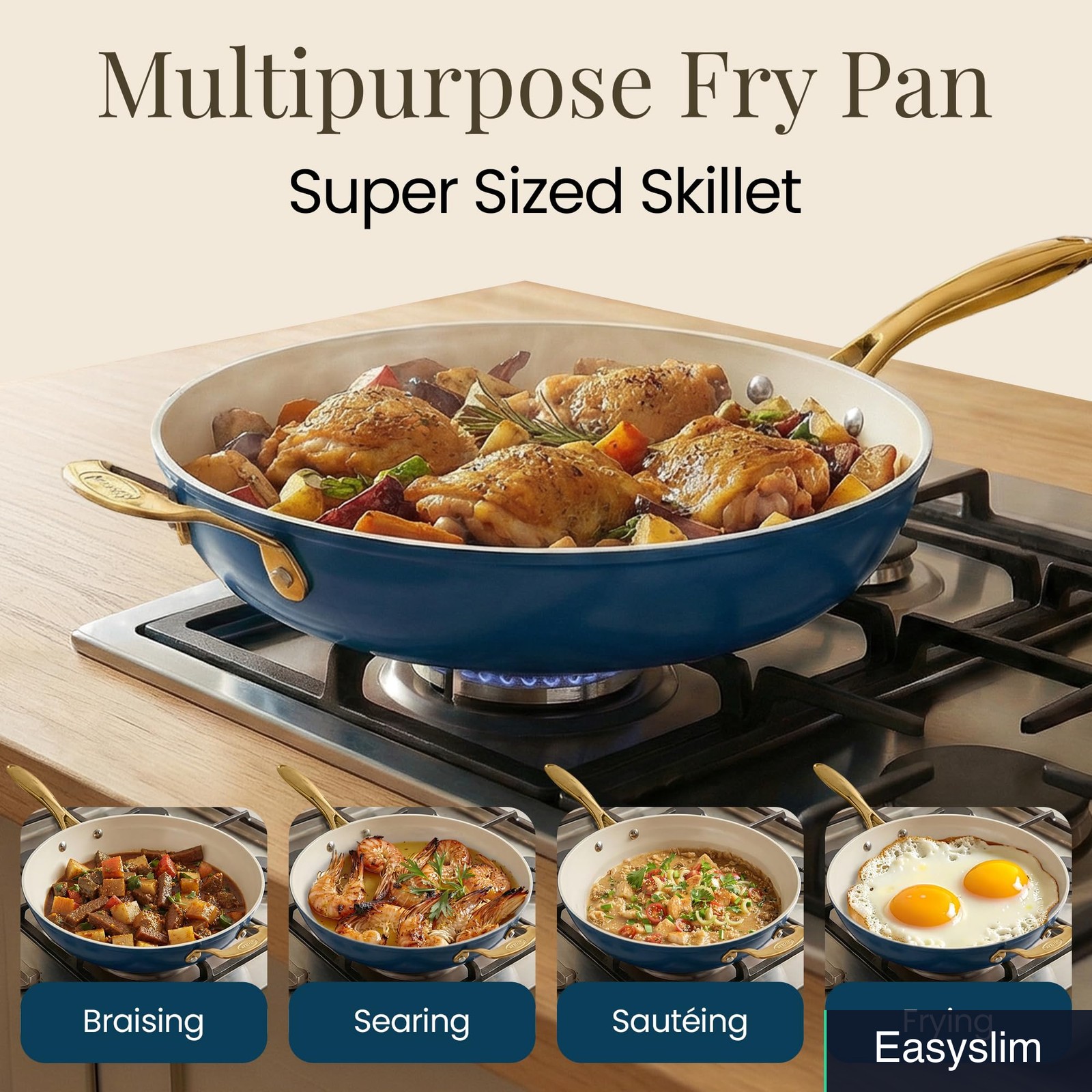 Frying Pan, 14 Inch, Ceramic Nonstick, Cream Navy, Oven Safe 500°F