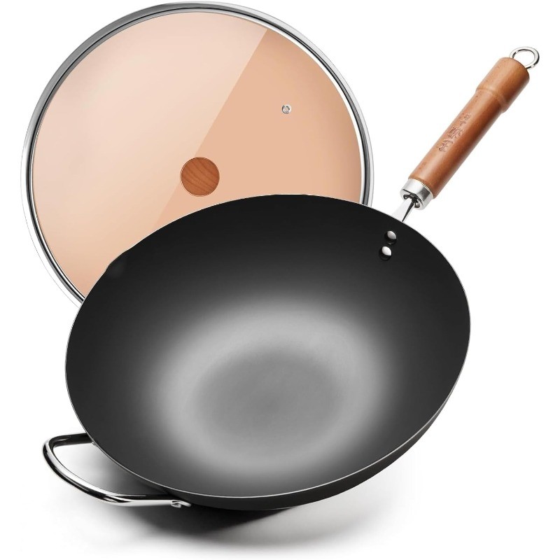 Carbon Steel Wok with Lid, 12.6 Inch Flat Bottom Wok Pan, Uncoated Stir Fry Pan