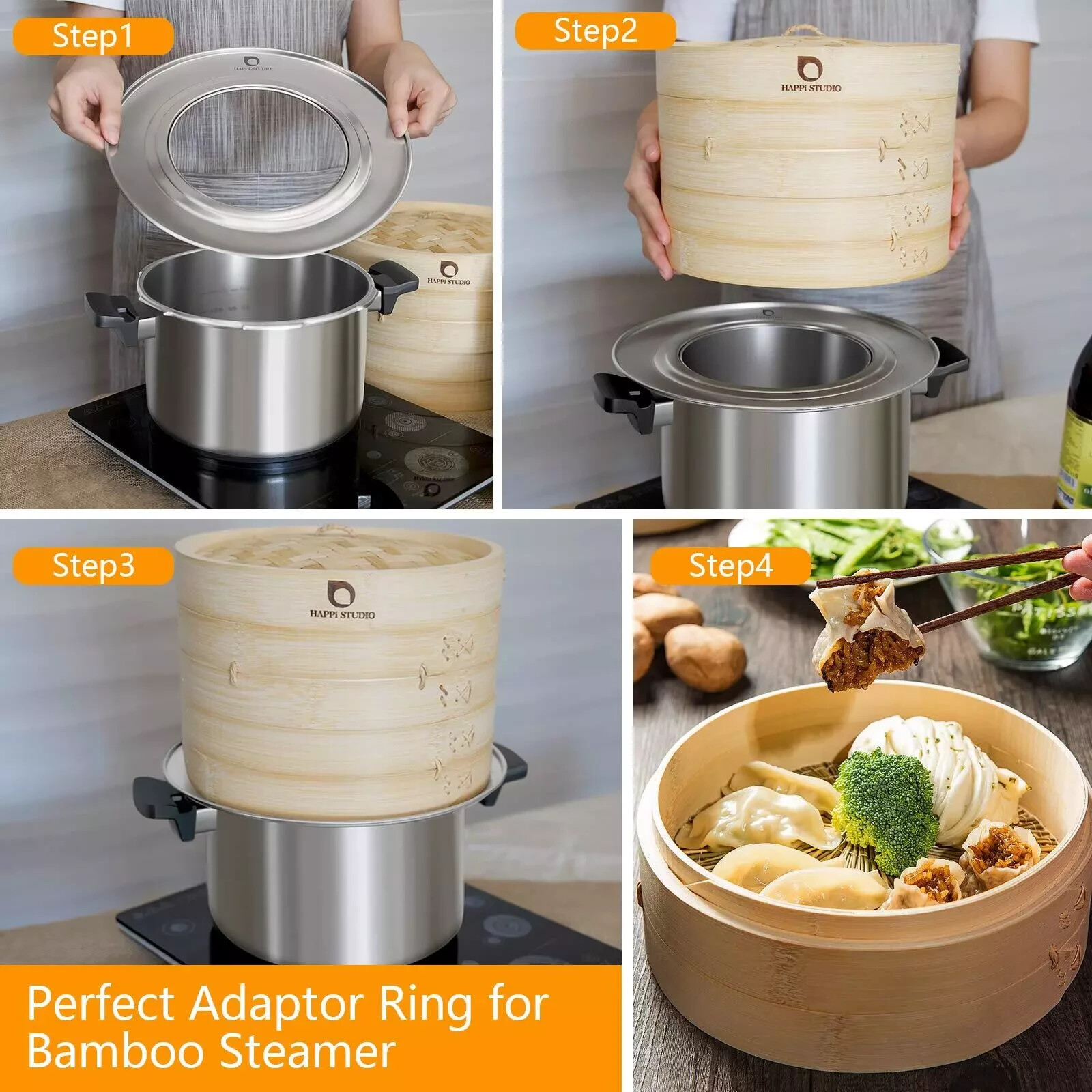 Steamer Ring Stainless Steel Adapter for 8 to 11inch Bamboo Steamer Happi Studio