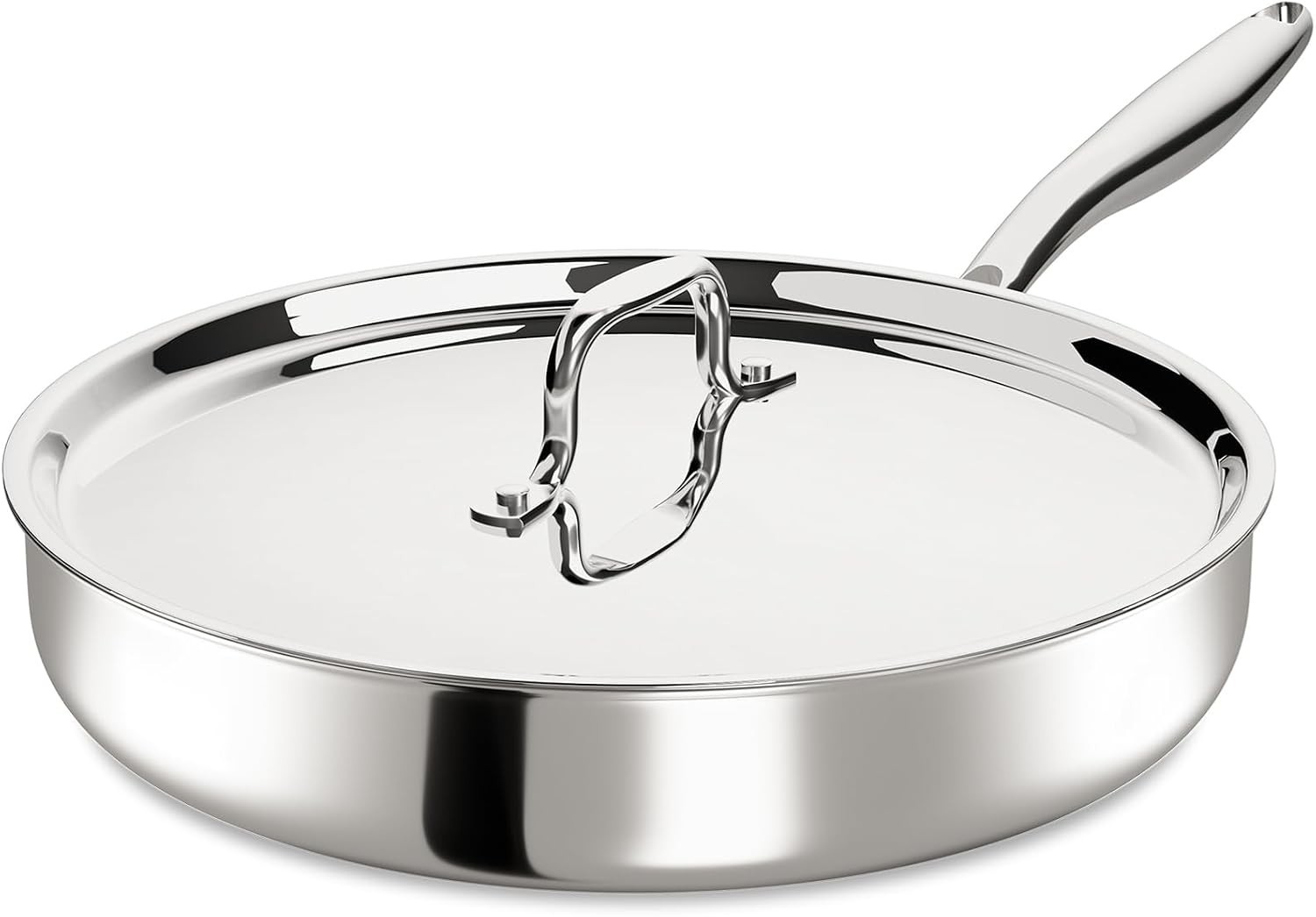 12 Inch Tri-Ply Stainless Steel Frying Pan, Frying Pan with Lid, PFOA/PTFE Fr…
