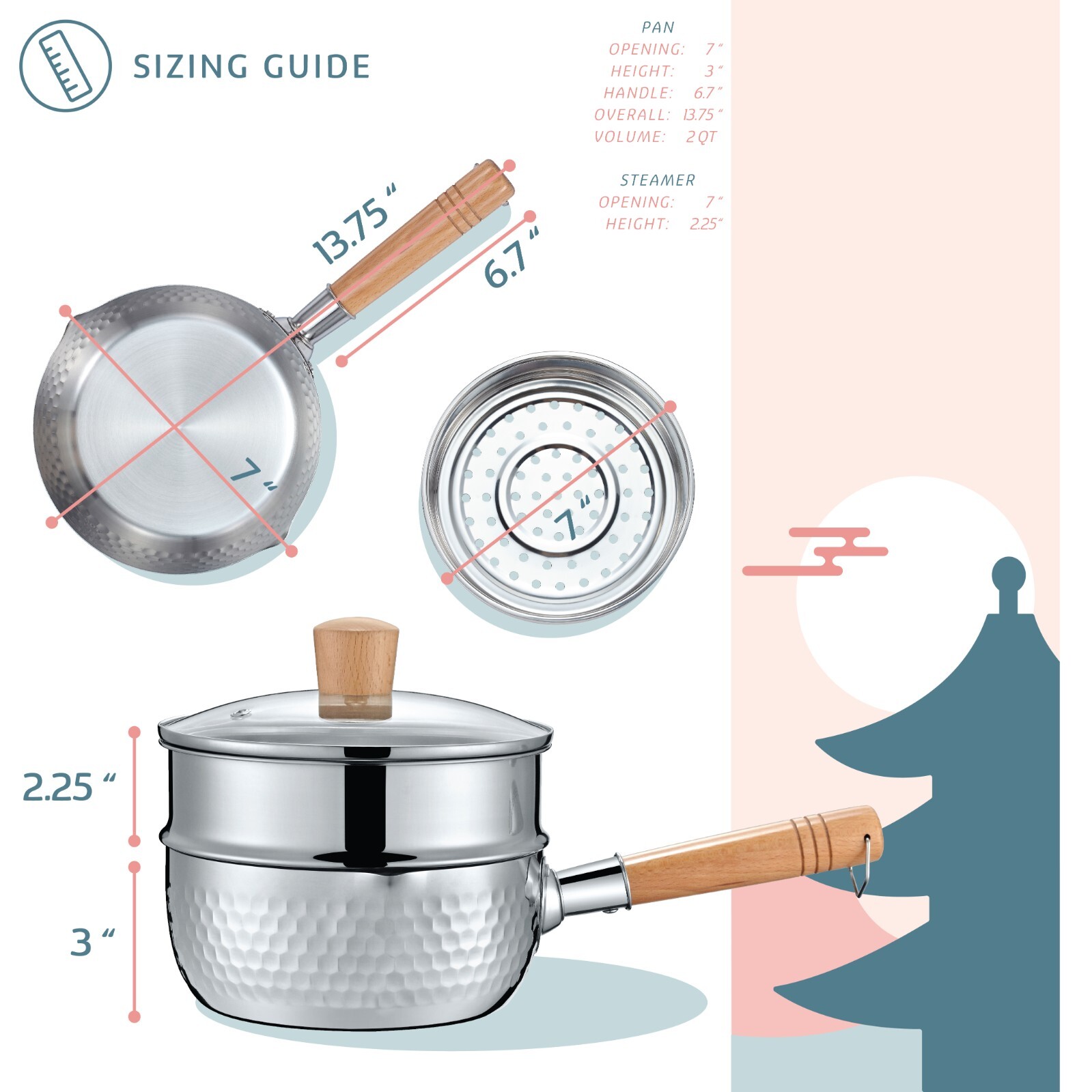 CONCORD 2 QT Stainless Steel Yukihira Pan with Steamer