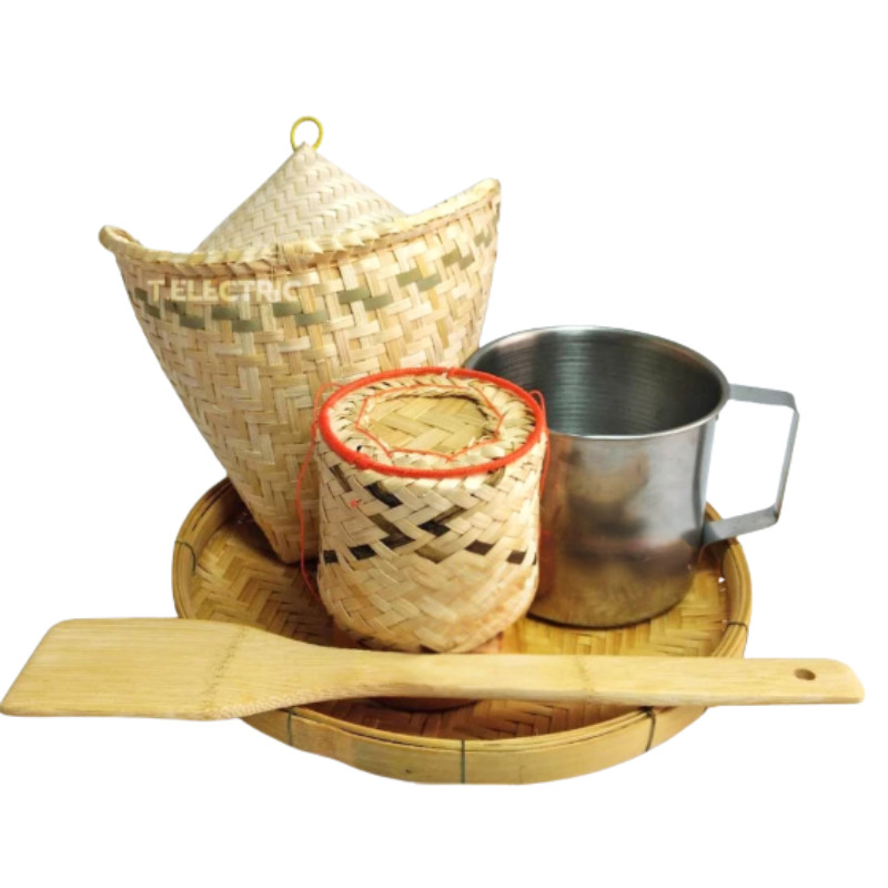 Thai Sticky Rice Steamer Cooking Set 6pcs Bamboo Basket Lid Pot Paddle Serv Tray