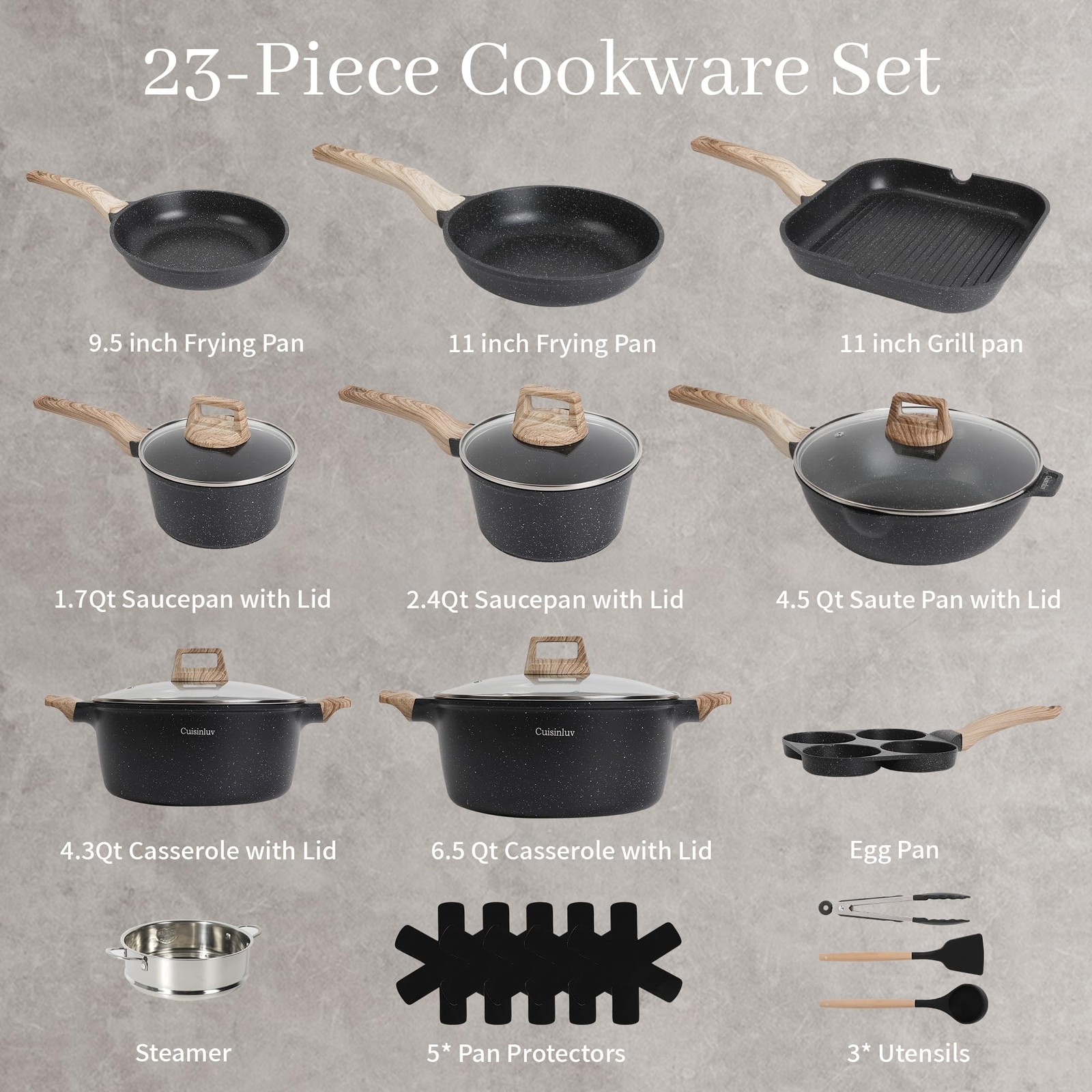 Pots and Pans Set, Nonstick Kitchen Cookware Sets，23Pcs Black Granite Inducti…