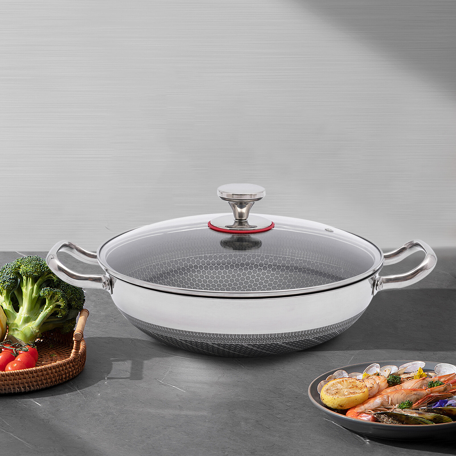 32cm Stainless Steel Non-Stick Pan with Lid and Easy Carry Handles