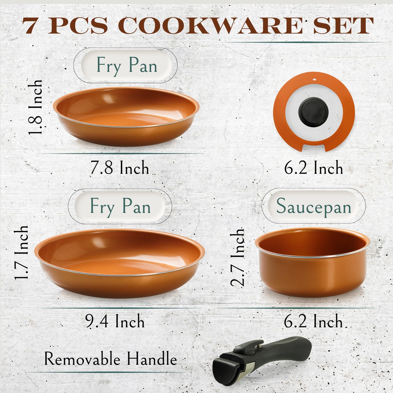 Moss & Stone Copper Pots And Pans Set Nonstick, Removable Handle Cookware, Stack