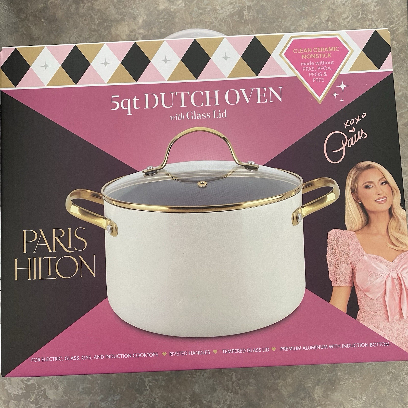 PARIS HILTON 5 QT DUTCH OVEN NONSTICK CERAMIC WITH GLASS LID COOKWARE POT PAN
