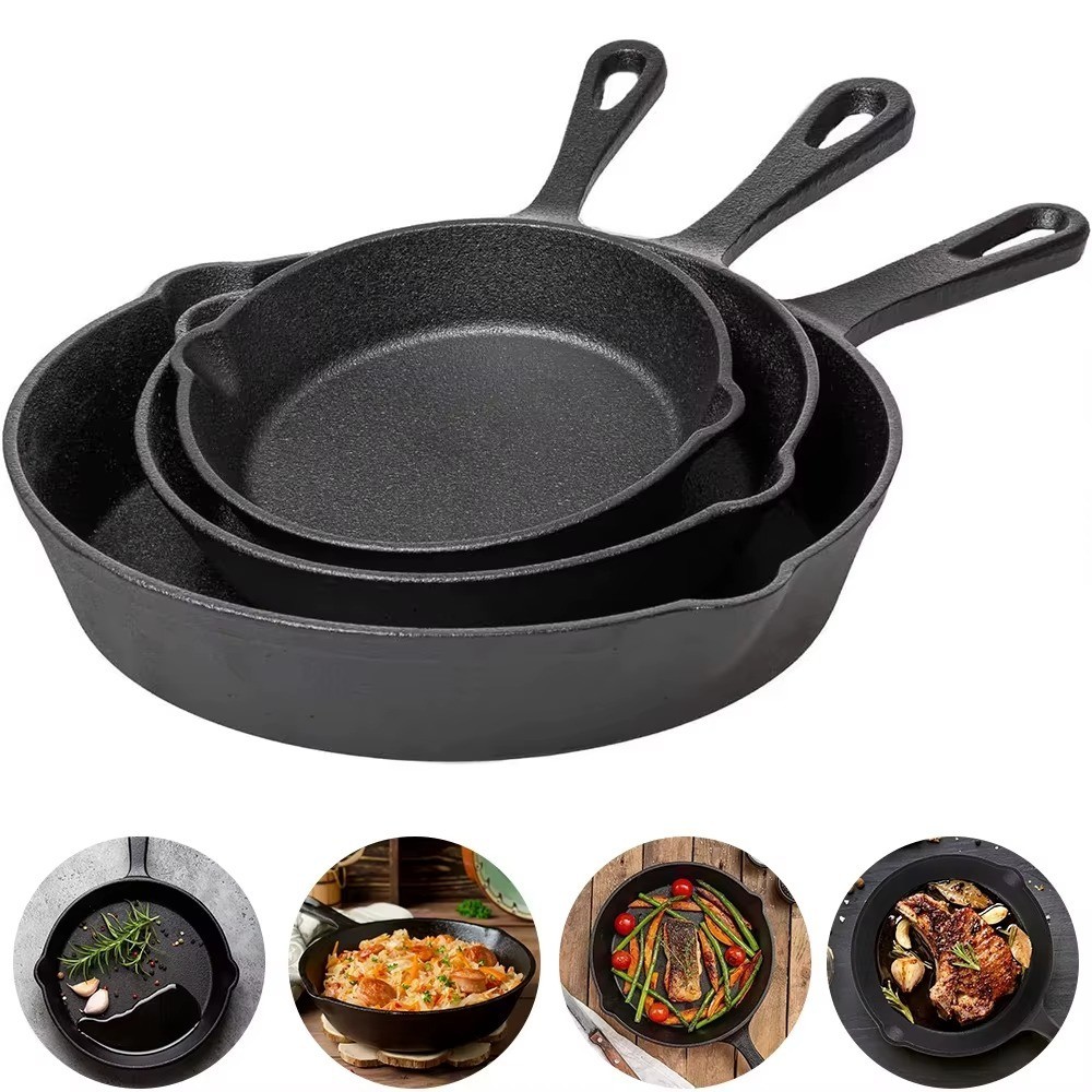 Frying Pan Set Uncoated Non Stick Omelette Cooking Pans 3pc Cast Iron Butter Egg