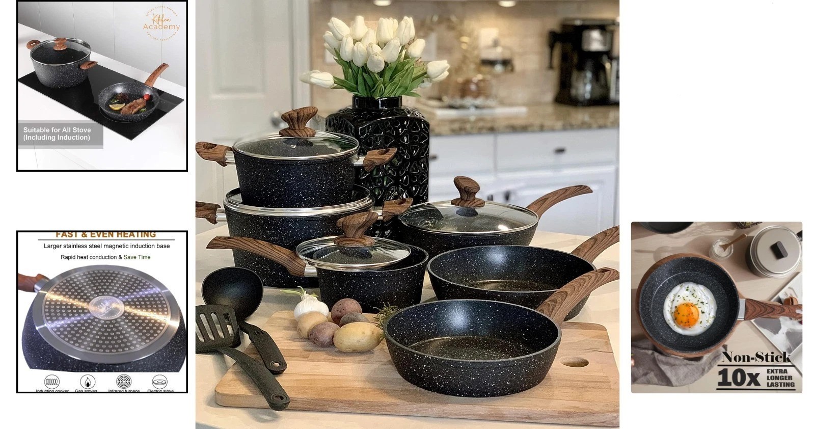12-Piece Granite Black Induction Cookware Set – Nonstick Excellence in Cooking