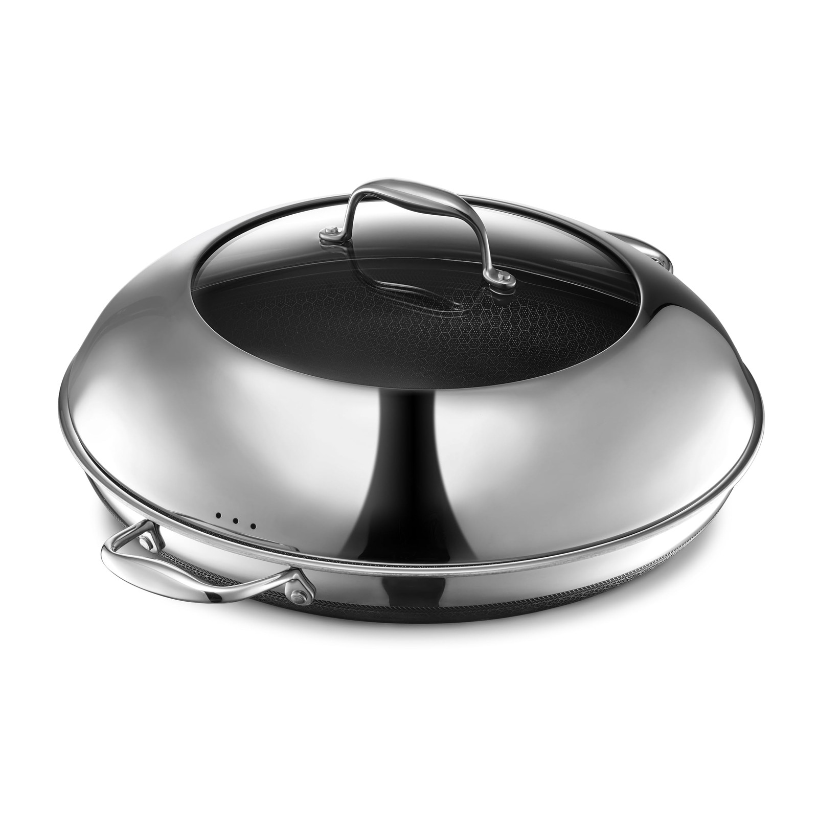 HEXCLAD HYBRID FRY PAN WITH LID, 14″, STAY-COOL HANDLE, SILVER