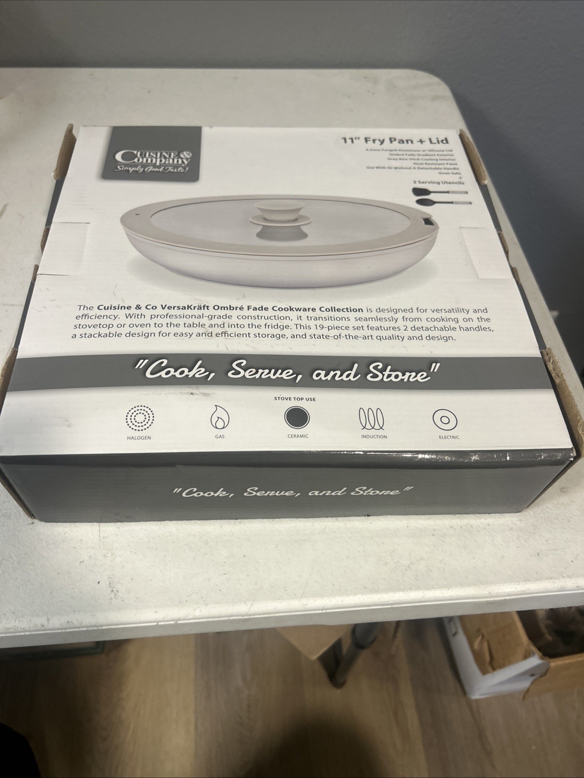 Cuisine 11″ Fry Pan + Lid Cook Serve Store Detachable Handles + 2 Utensils New