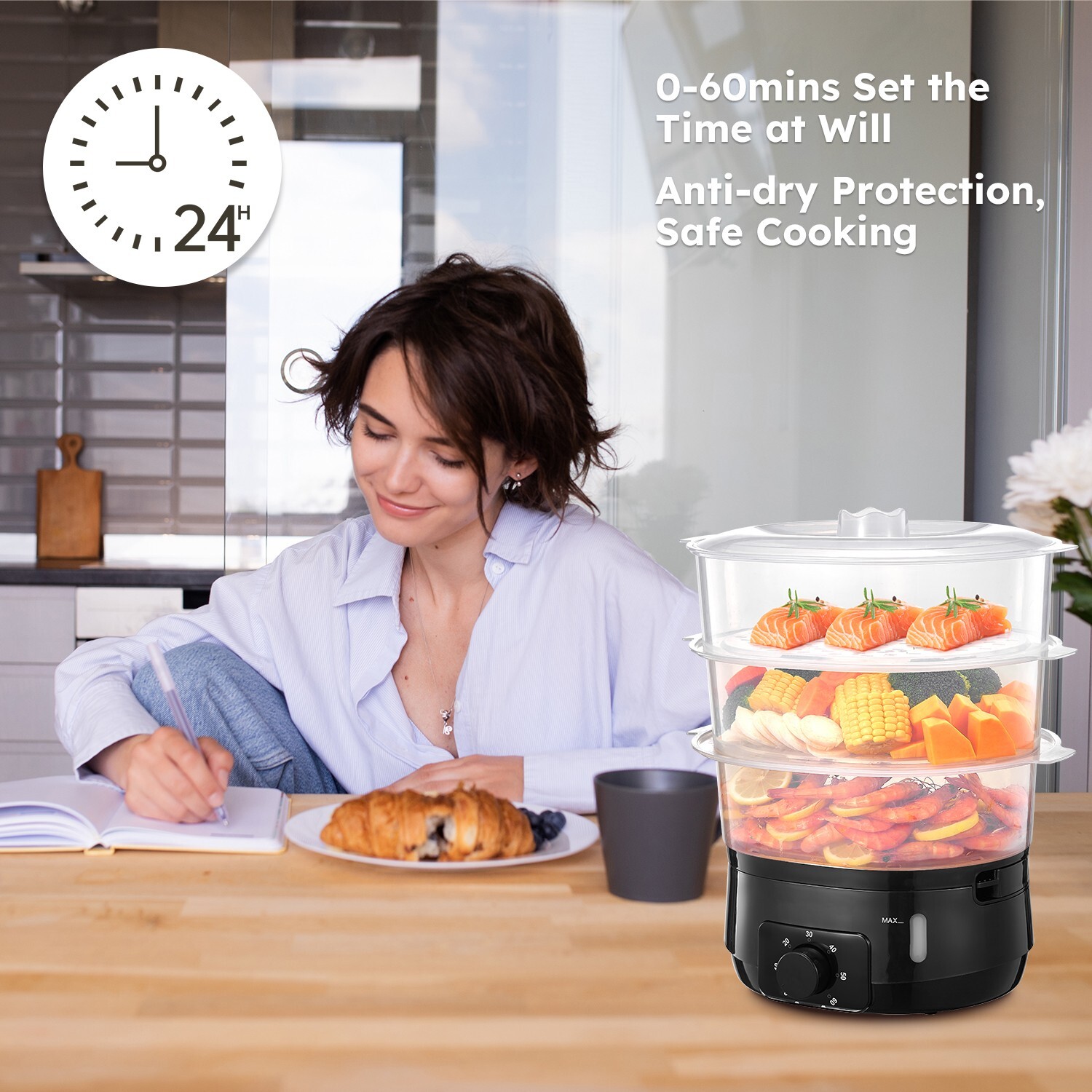 13.7QT Electric Steamer, 3-Tier , 800W, 60-Min Timer, for Veggies & Seafood