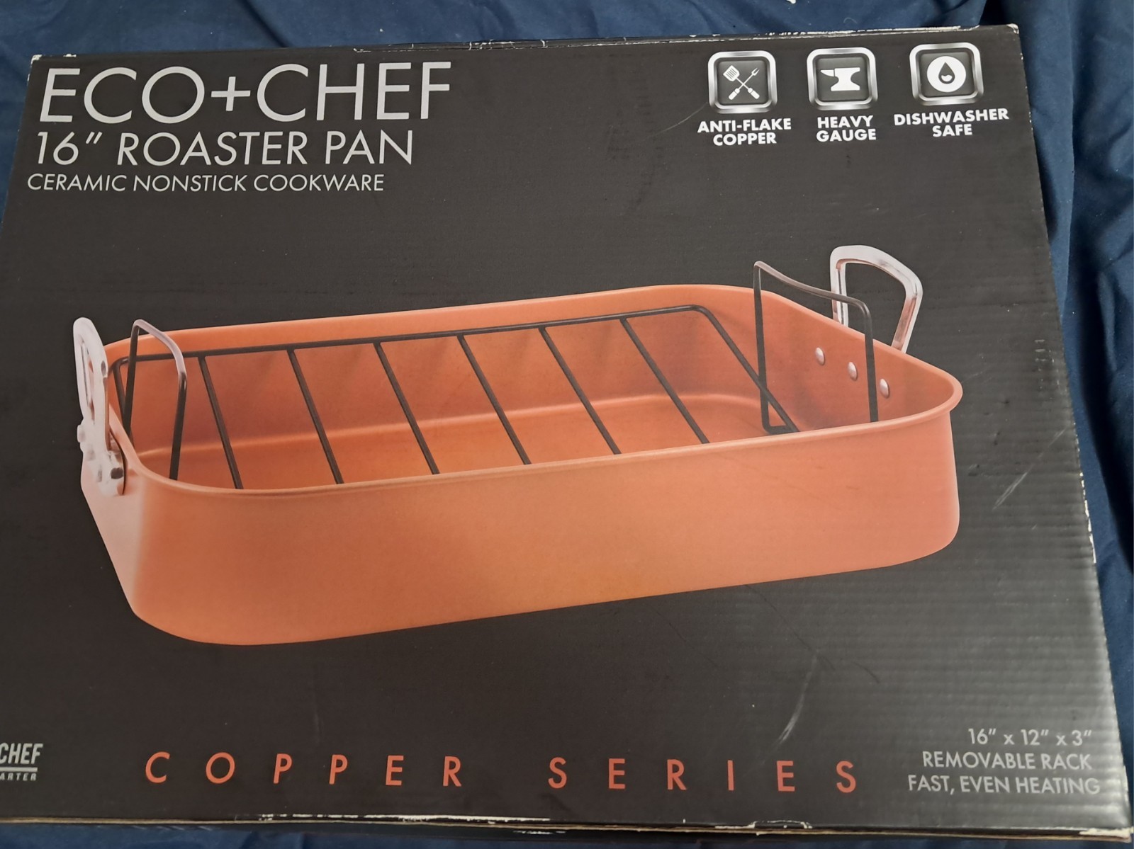 16″ Roaster Pan Ceramic Nonstick Cookware Copper Series Removable Rack Eco+Chef