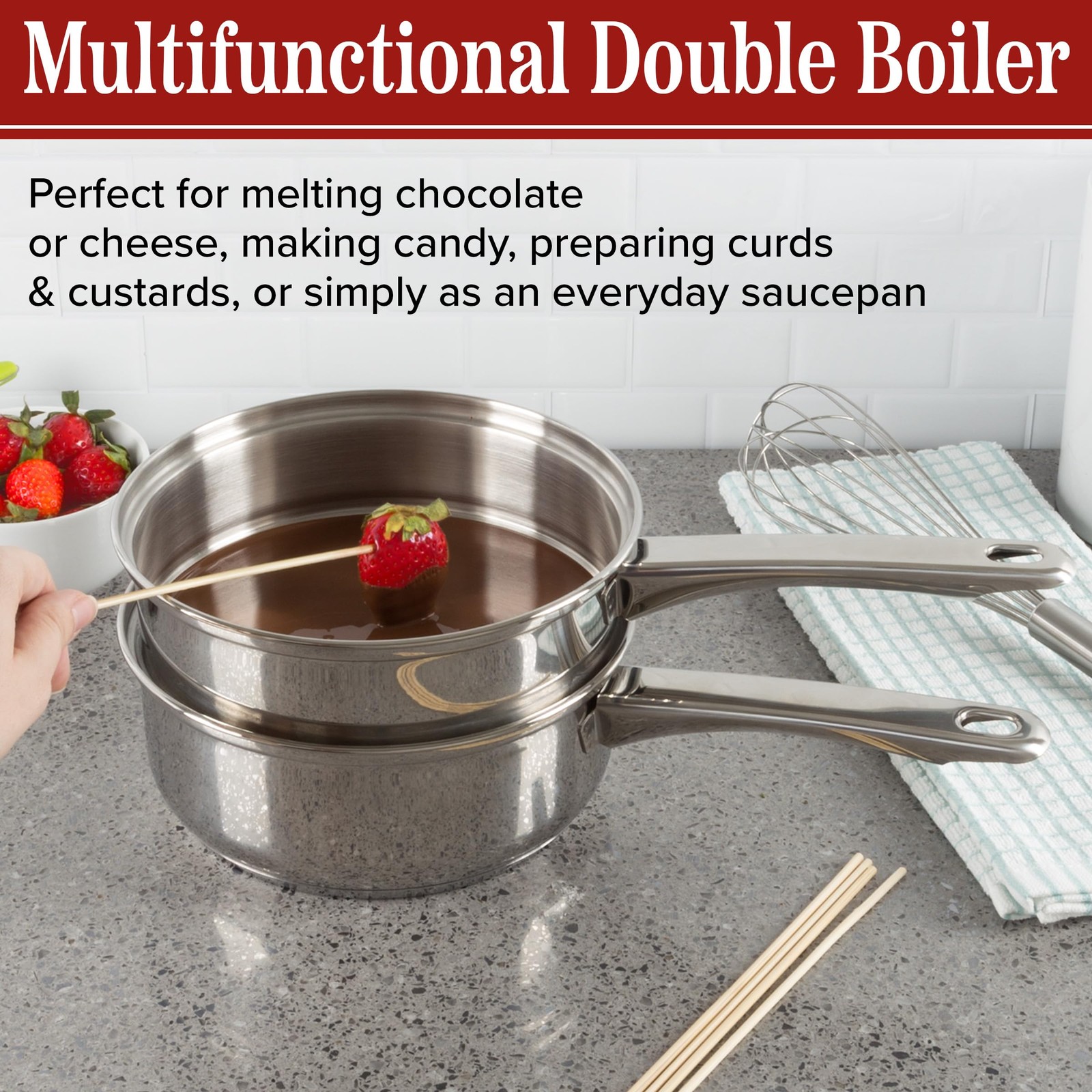 6 Cup Double Boiler Pot Set 1.5 Quart Stainless-Steel Saucepan 2-In-1 Vented