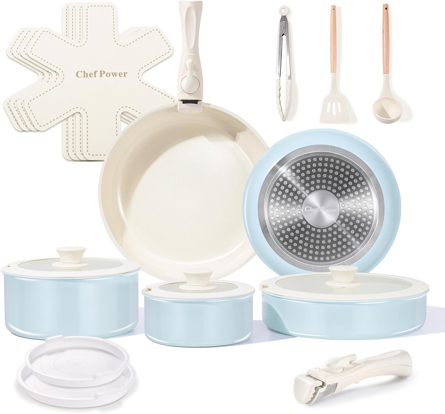 Ceramic Nonstick Pots and Pans Set 19 Piece with Detachable Handle, Induction Di