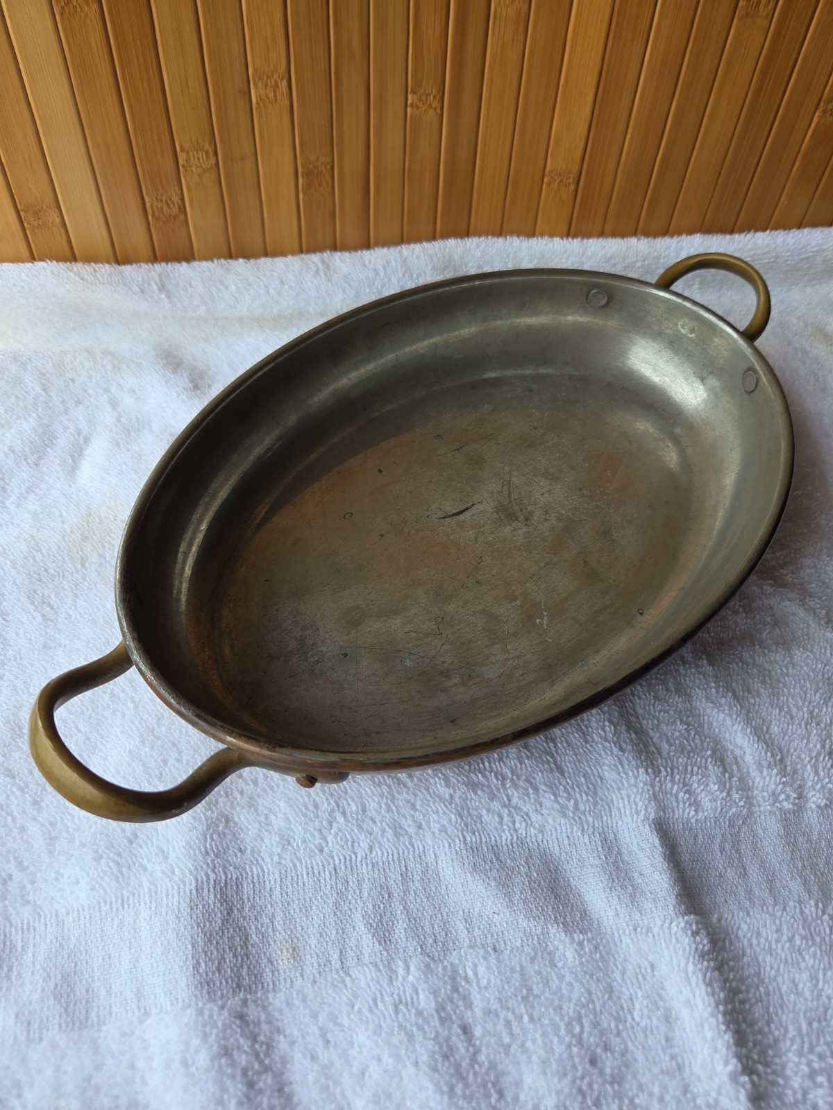 Vintage Copper Tin Lined Gratin Pan W/Brass Handles 10”x 7.5″
