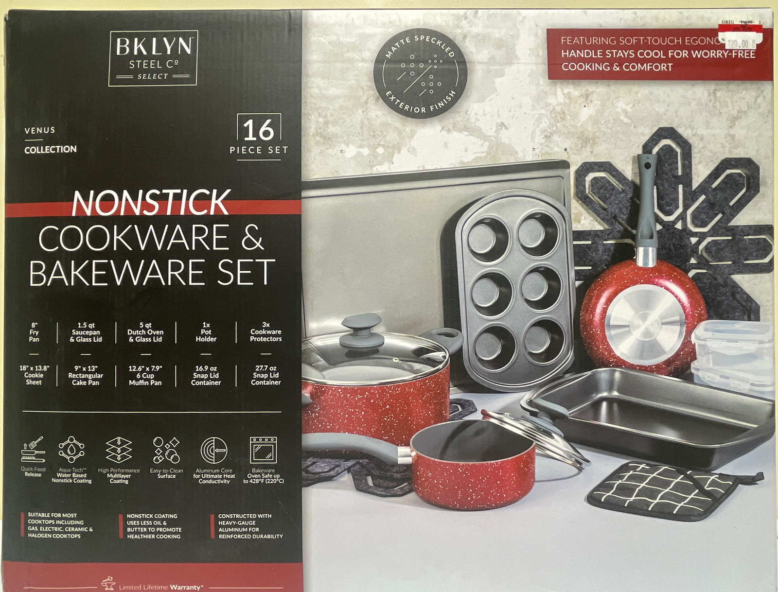Brooklyn Steel Co. Venus Nonstick Aluminum 16-Pc. Cookware & Bakeware Set, Red