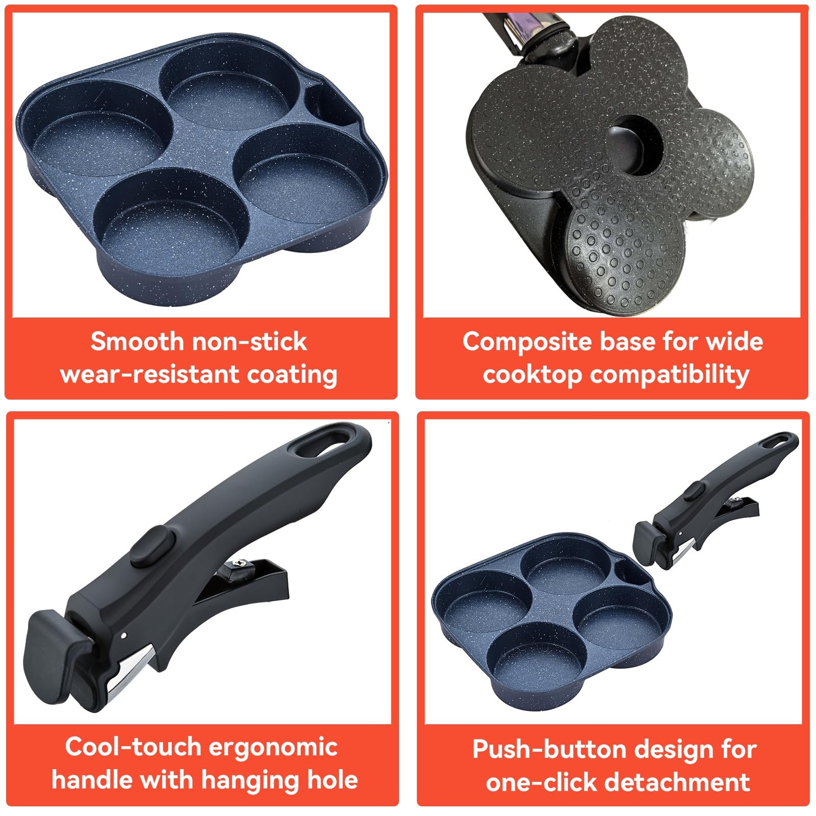 1 PC 4Cup Nonstick Aluminum Omelette Egg Pan Detachable Handle Skillet