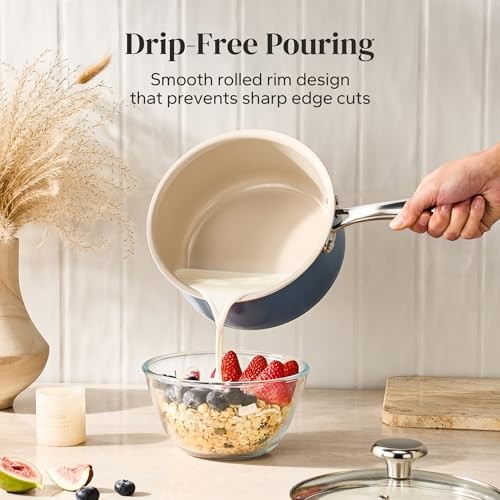 Saucepan & Frying Pan Set, 8″ Ceramic Frying pan & 2.5Qt Saucepan 3pc Set Blue