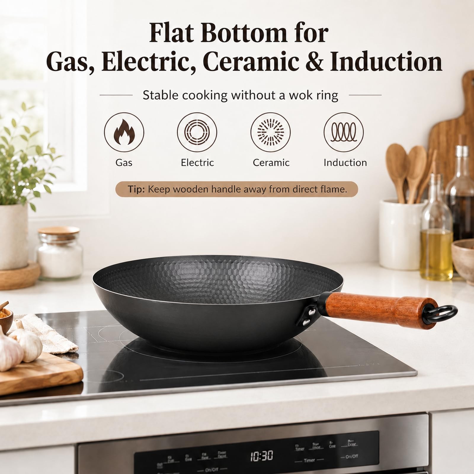 Carbon Steel Wok Pan with Lid, 12.6 Inch Flat Bottom Wok for Induction, Gas &…