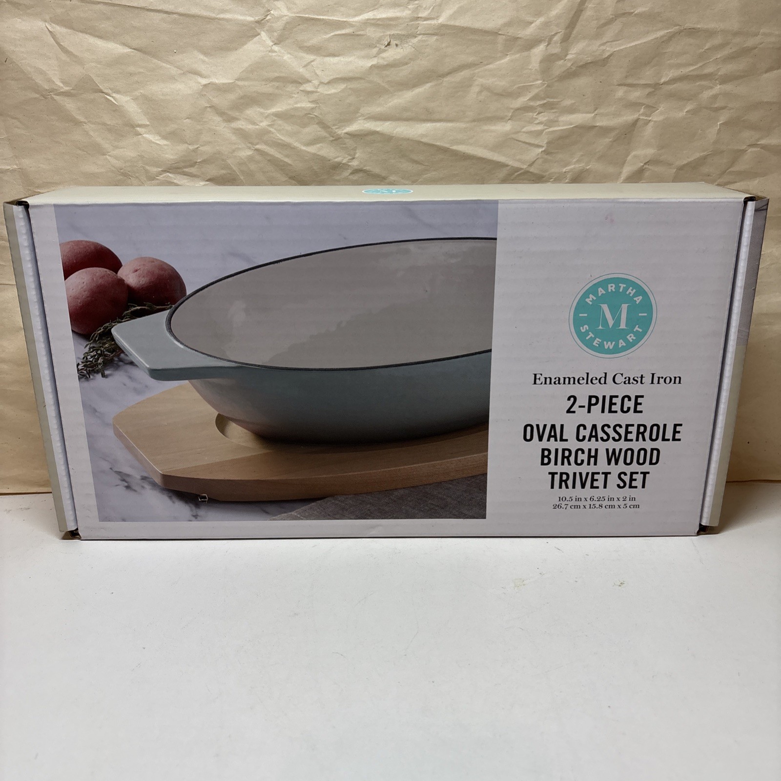 Martha Stewart 2-piece Enameled Cast Iron Oval Casserole/Birch Wood Trivet-NEW