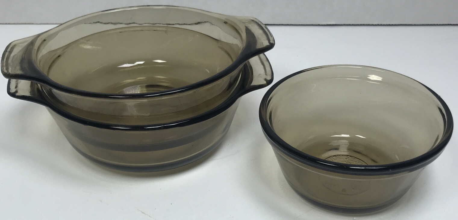 Vintage Amber Glass L’OVENWARE Custard Cup 6oz + 2 Casserole Dishes 12oz Handles
