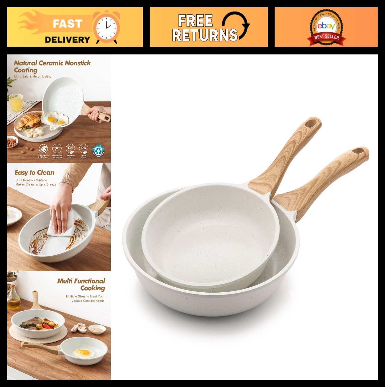 Nonstick Ceramic Frying Pan Set – Healthy Omelette Skillets, 8 & 10 Inch, PTFE/P