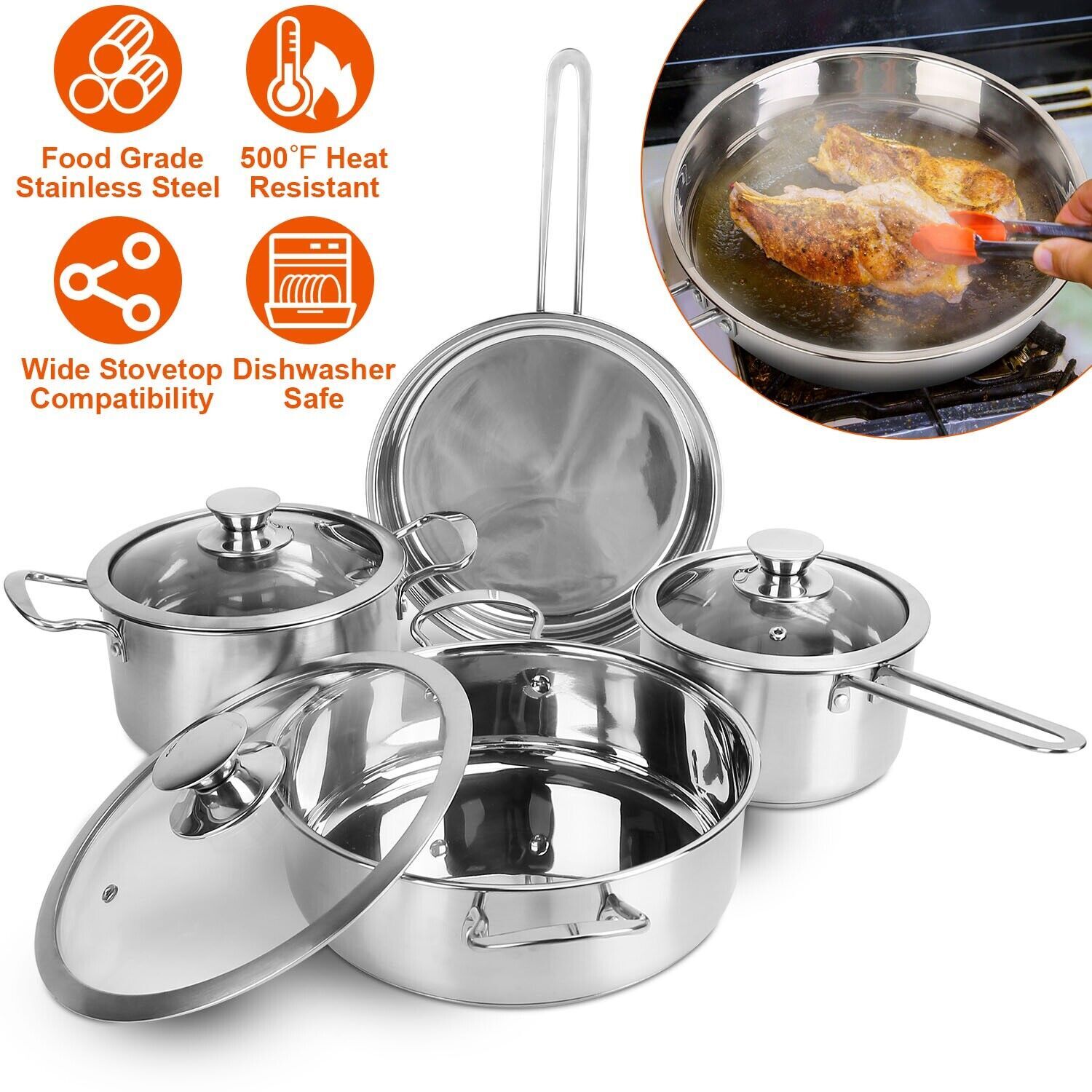 7 Pack Stainless Steel Cookware Set Induction Gas Pots Sauce Pans Frying Pan Set