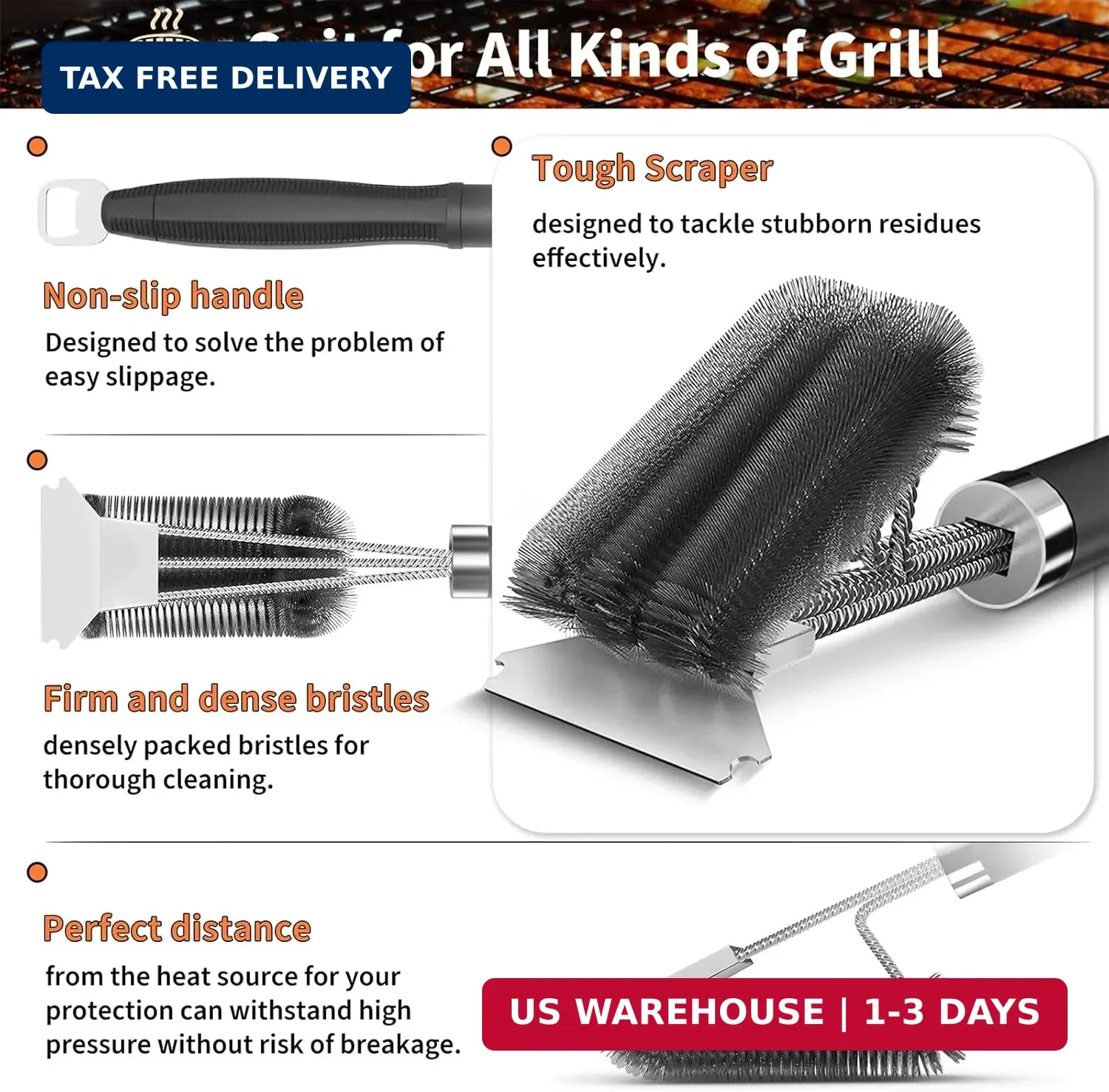 Grill Brush and Scraper-18 Adjustable Handle Safe BBQ Grill Brush for Outdoor Gr