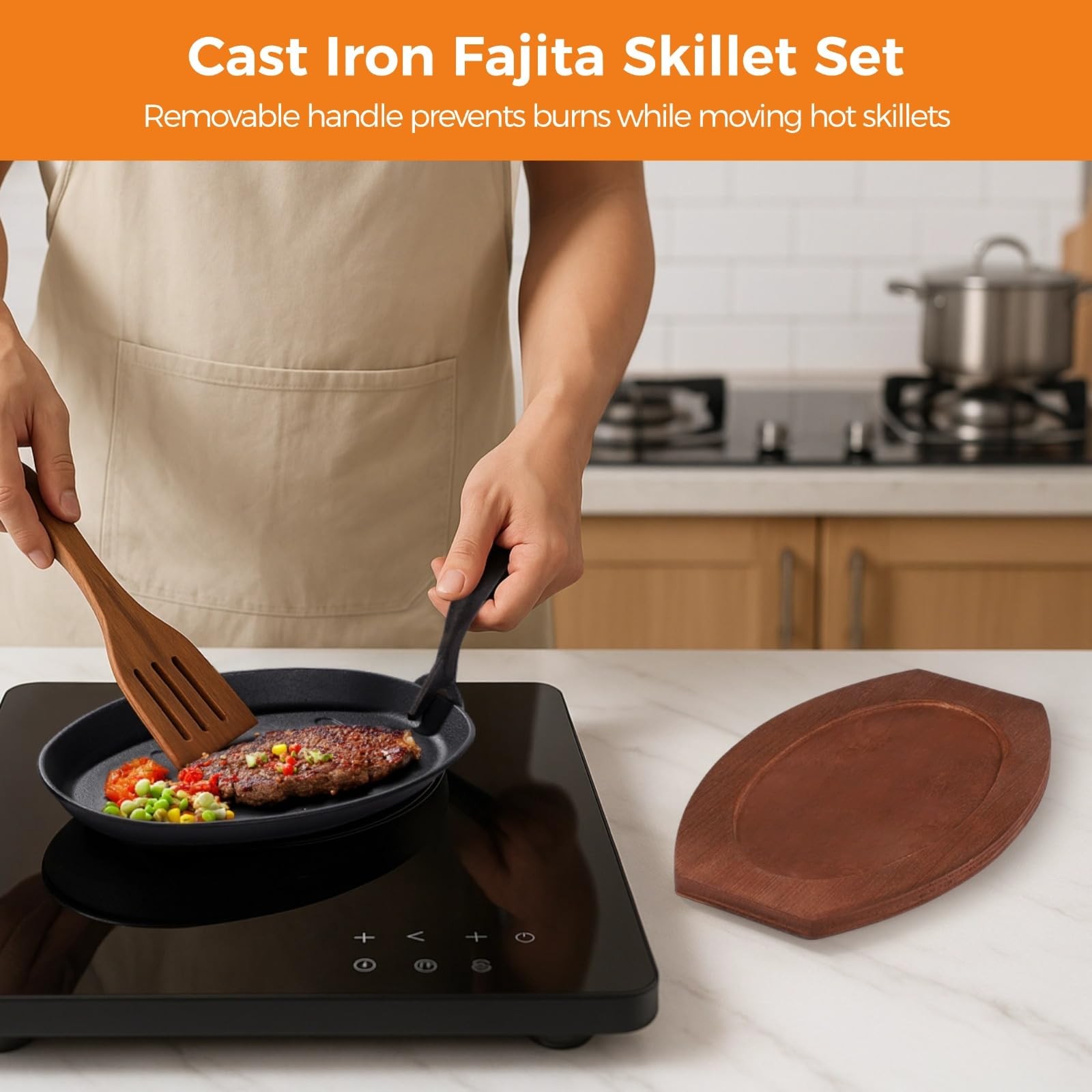 Toyosport 4 Sets Cast Iron Skillet with Wooden Tray, Fajita 4 pack, Black