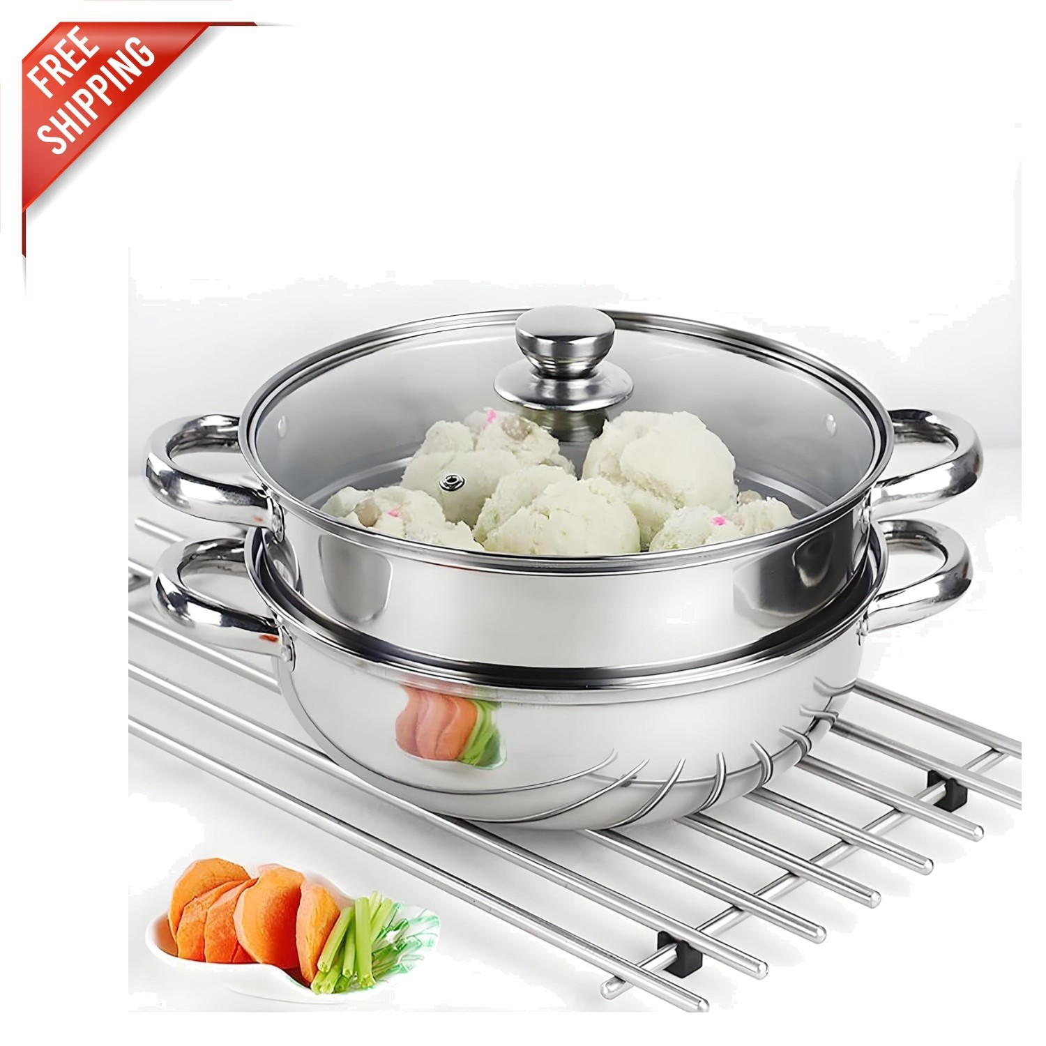 Elegant 2-Tier Stainless Steel Steamer Pot 28cm with Glass Lid – Healthy Cooking