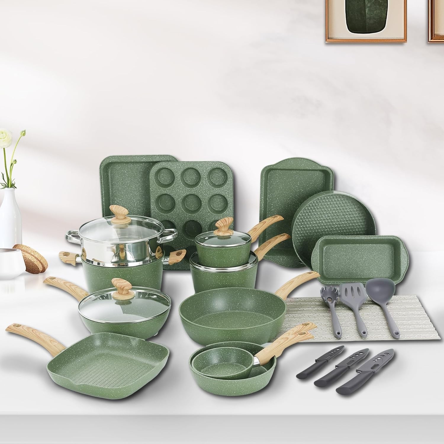 Green Pots and Pans Set Non Stick, 30 Piece Induction Kitchen Cookware Sets for