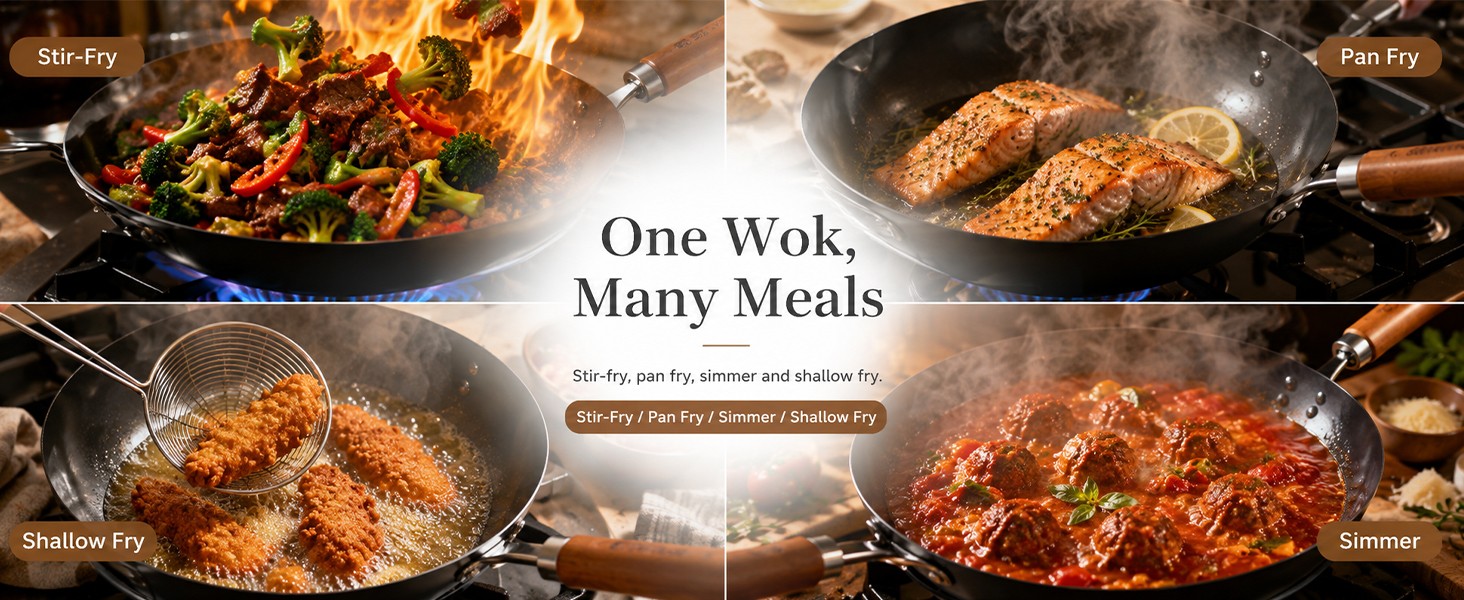 Carbon Steel Wok with Lid, 12.6 Inch Flat Bottom Wok Pan, Uncoated Stir Fry Pan