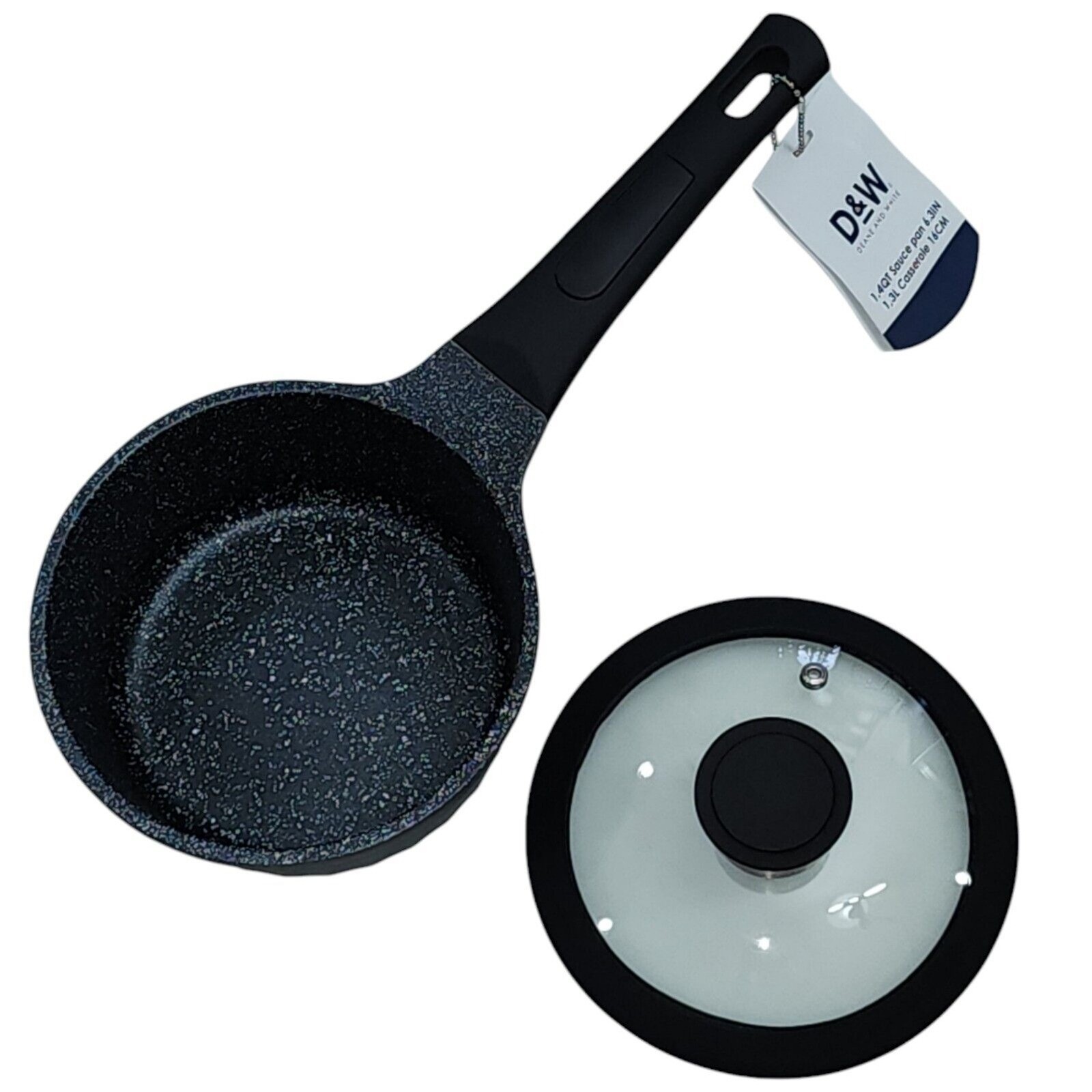 D&W Premium Cookware 6.3in Saucepan Casserole Nonstick With Lid 1.4Qt Black