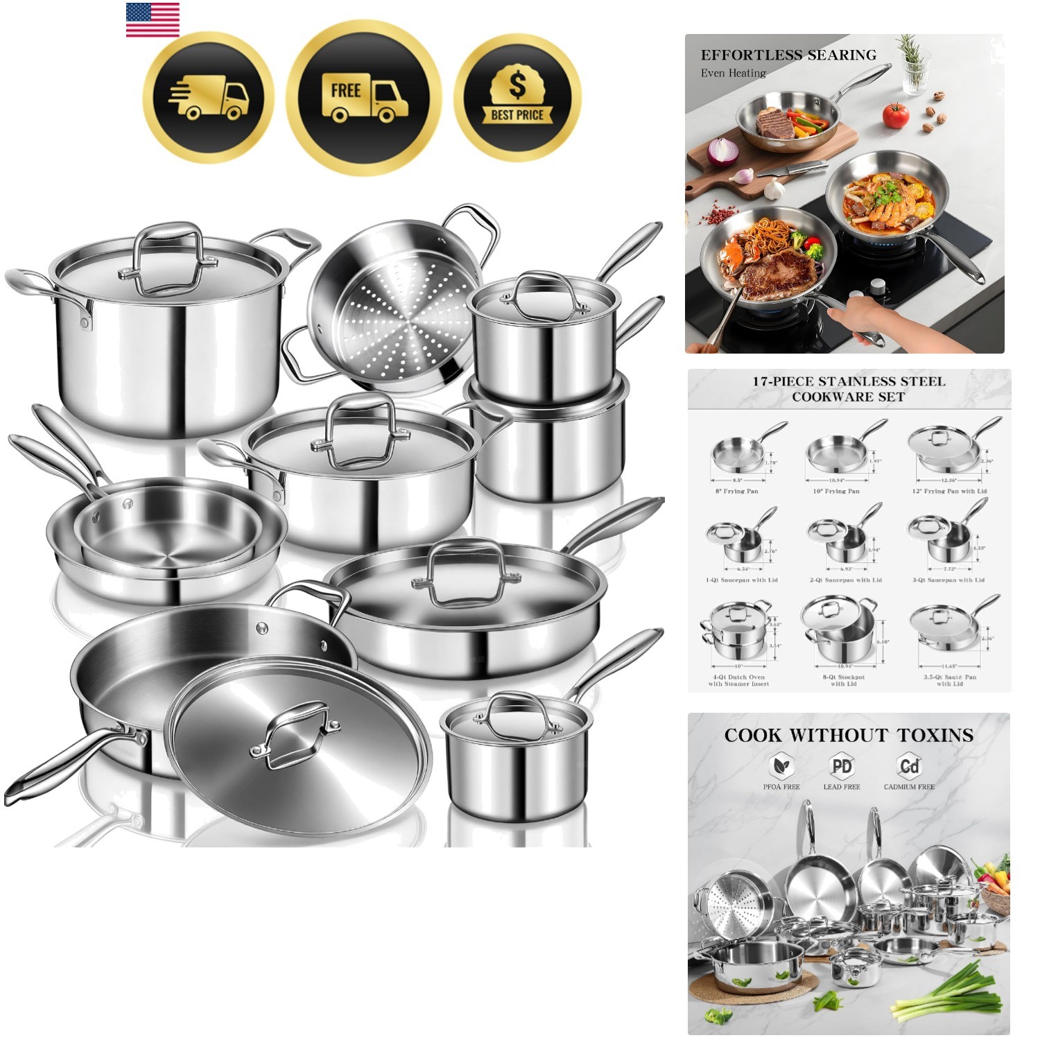 Stainless Steel Cookware Set, 3 Ply 17 Piece Stainless Steel Pot and Pan Set,…