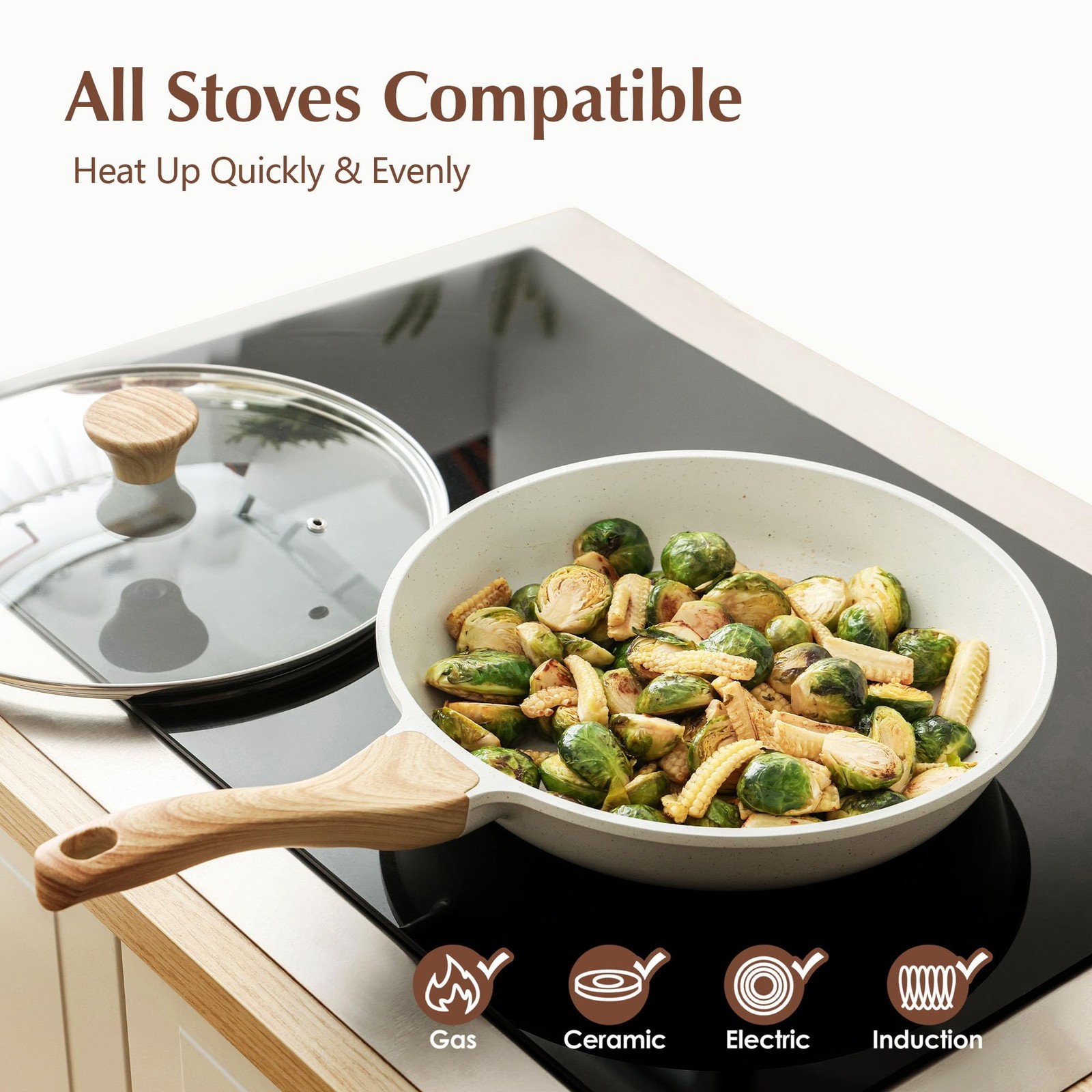12.5 Inch Nonstick Ceramic Frying Pan With Lid Induction Compatible Kitchen S…