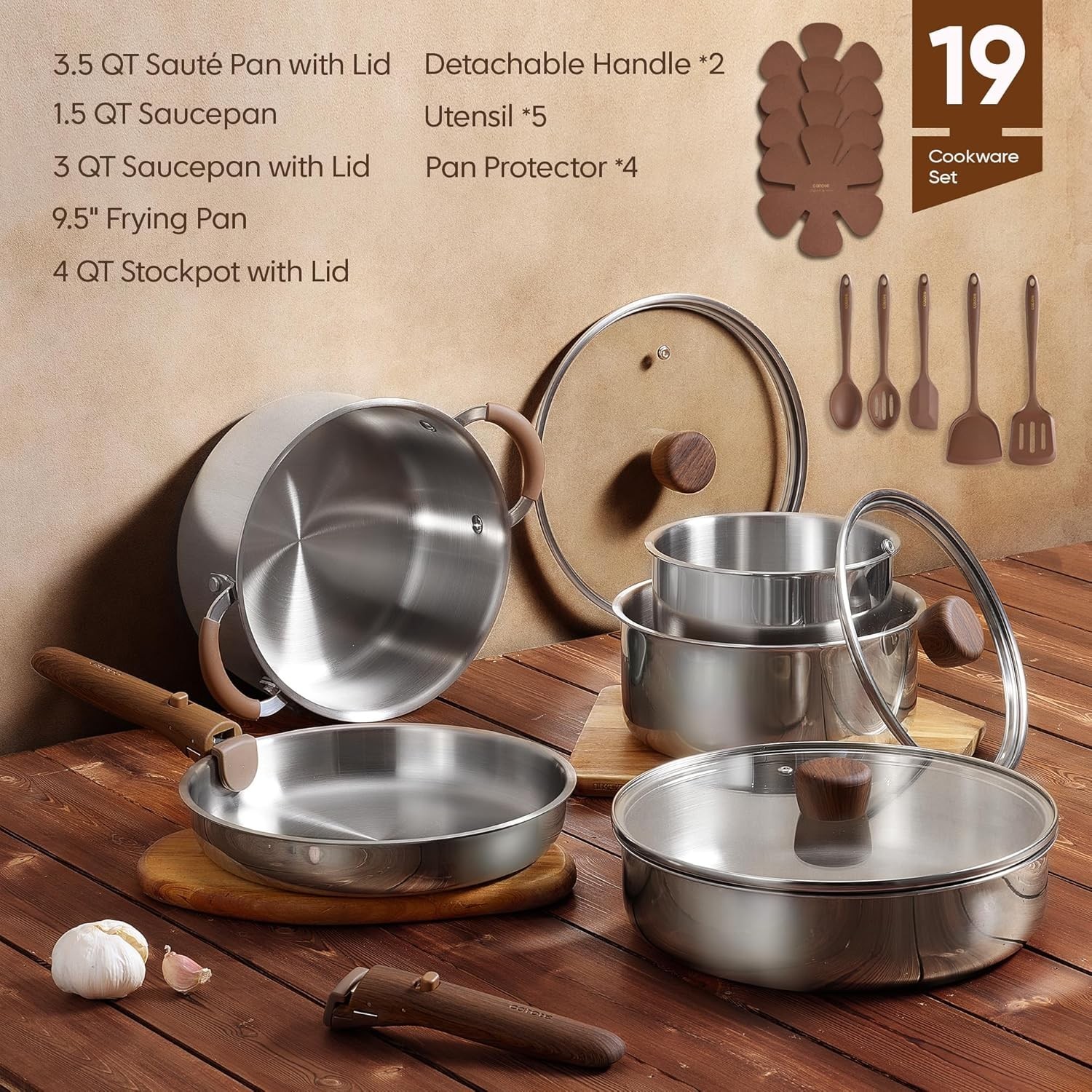 Stainless Steel Cookware Set Pots Pans with Detachable Handle Induction Oven …