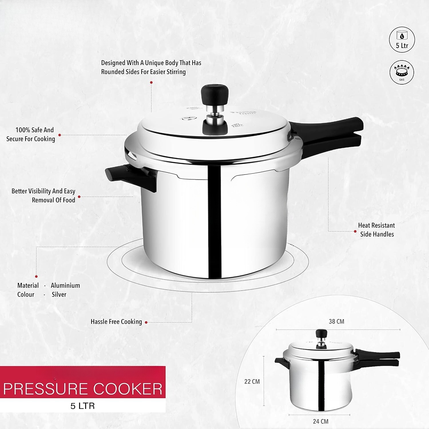 Aluminum Pressure Cooker, 5 Liter, Silver, Stainless Steel, 8 “D x 14 ‘W x 9 ’H