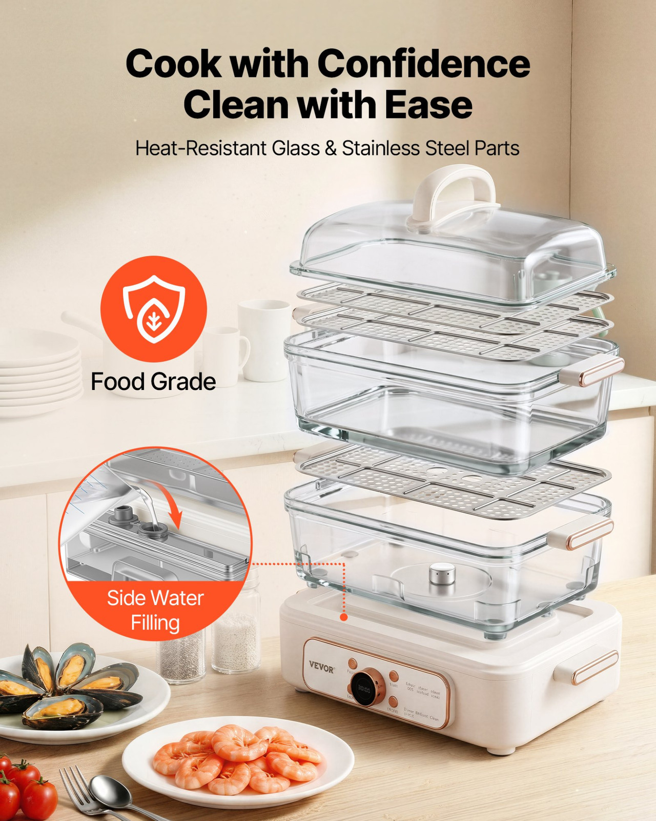 10.6QT Electric Food Steamer 3 Tier Stainless Trays 1200W White Cooker