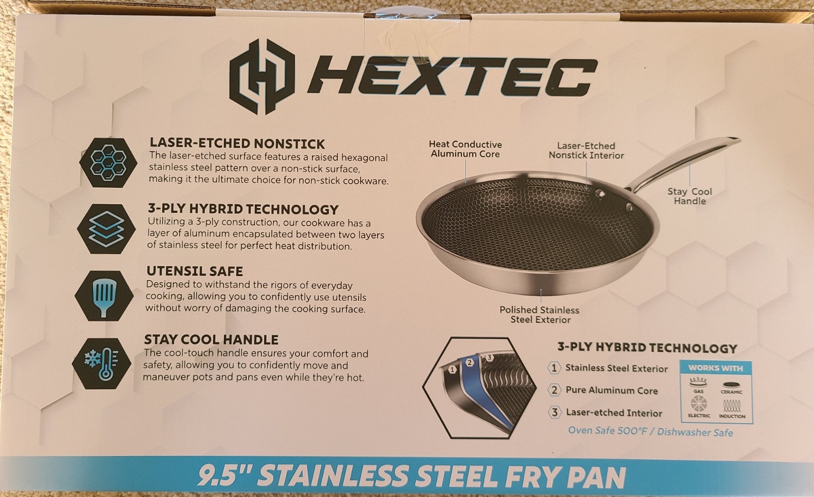 HEXTEC 9.5 Inch Stainless Steel Fry Pan, 3 Ply Hybrid Nonstick NIB