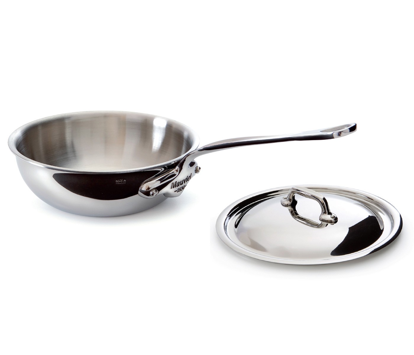 Mauviel M’Cook 3.4 qt. Stainless Steel Curved Splayed Saute Pan with Lid