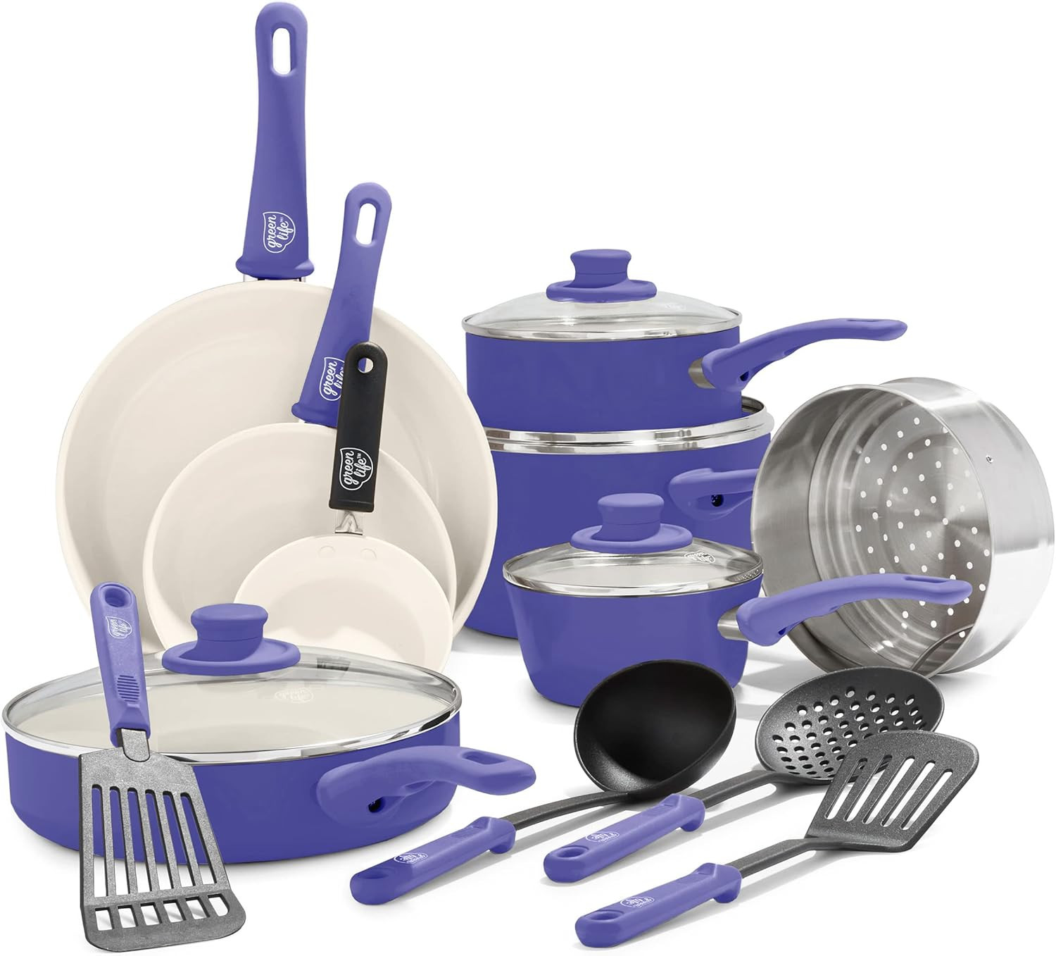 Soft Grip 16 Piece Cookware Set, Non-Toxic Pfas-Free Ceramic Nonstick, Frying, S