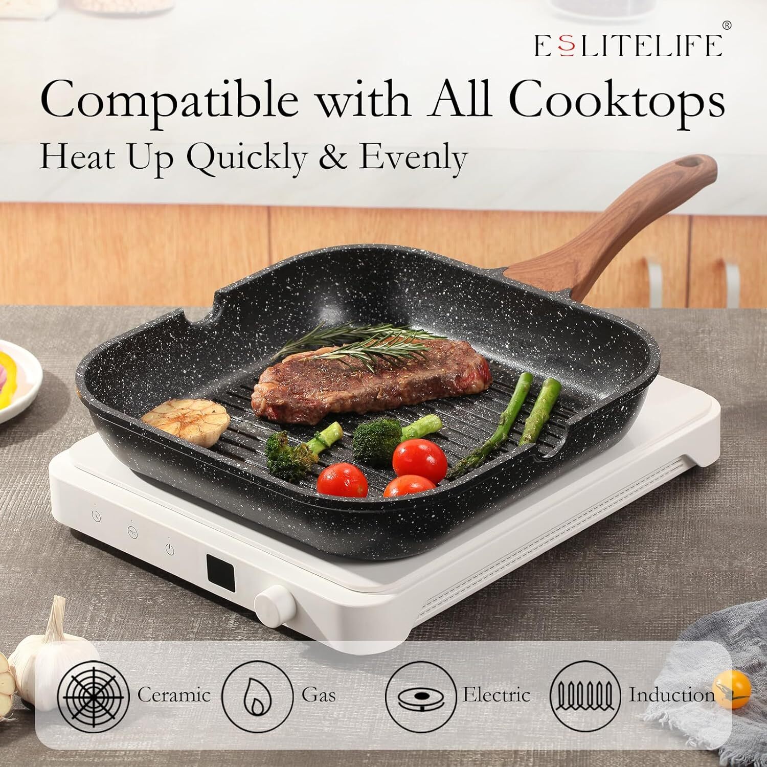 ESLITE LIFE 11 Inch Nonstick Grill Pan with Lid for 11″ w/Lid & Tongs, Black